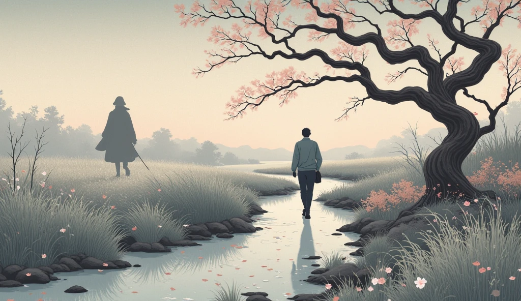 A traditional Japanese-inspired artwork in the ukiyo-e style, depicting a quiet scene at dusk. A solitary figure walks along a winding path bordered by tall grasses, their back turned as they move away from a distant, shadowy figure standing under a bare tree. The tree's branches twist against the evening sky, casting long, fragmented shadows over the ground. A tranquil stream flows beside the path, its surface reflecting scattered petals from unseen blossoms. The atmosphere is heavy with quiet detachment, evoking a sense of moving forward while still glancing back. The color palette blends soft grays, muted blues, and pale pinks, contrasted by darker tones to emphasize the melancholic yet serene mood.