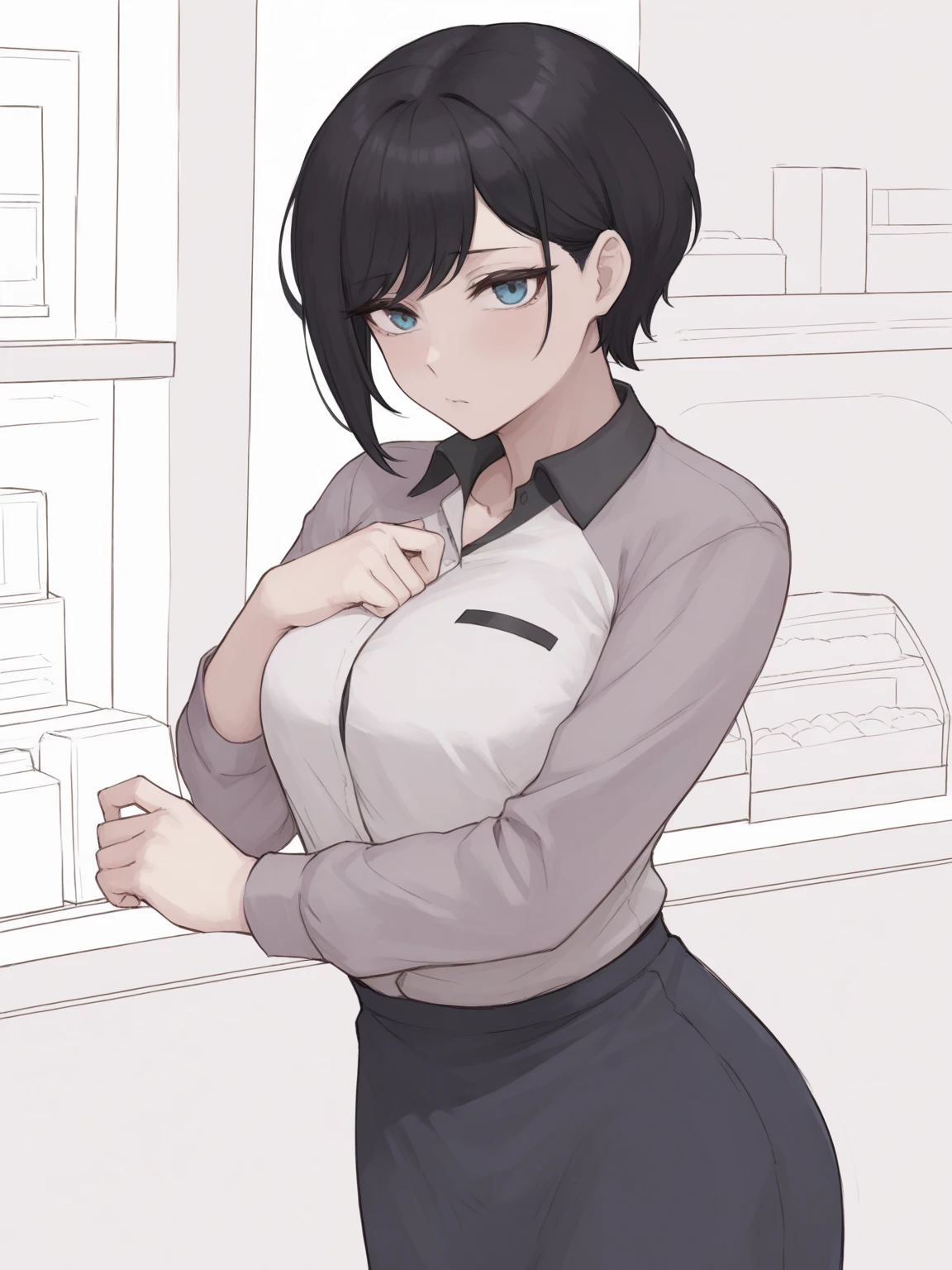 A slender girl with short black hair and boyish blue eyes wearing convenience store clerk clothes checks out at a convenience store
