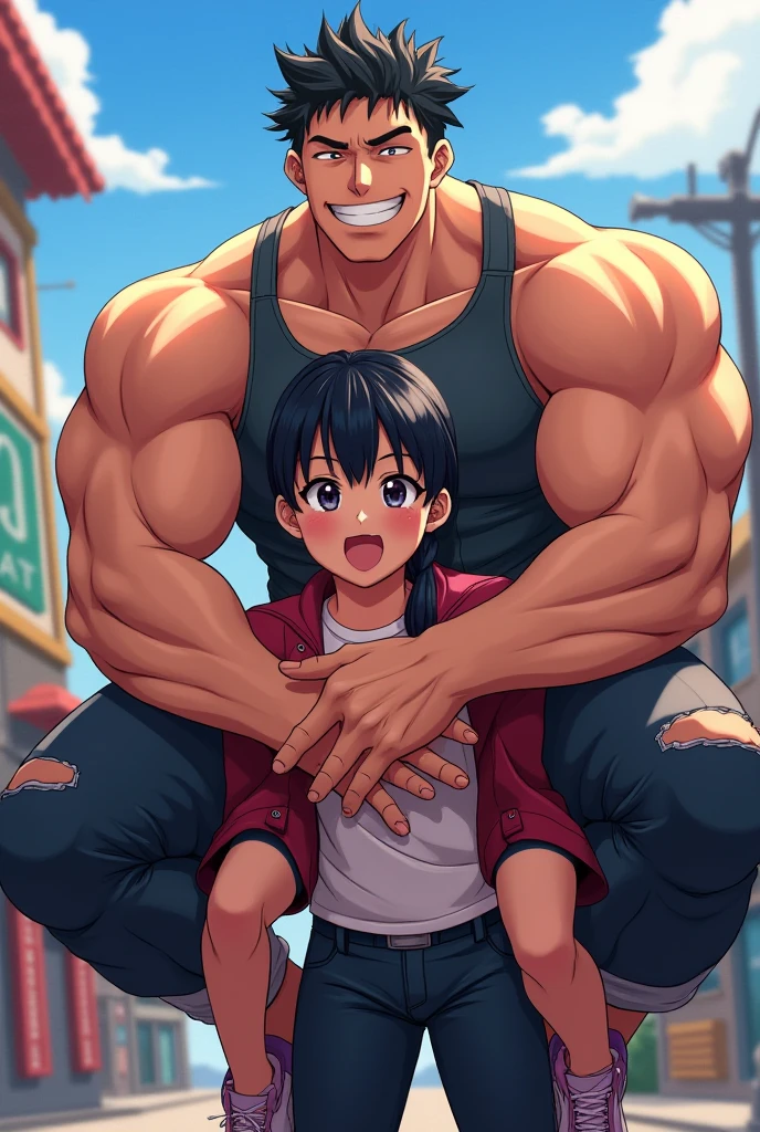 A muscular Japanese high school girl is carrying a boy on her shoulders.
