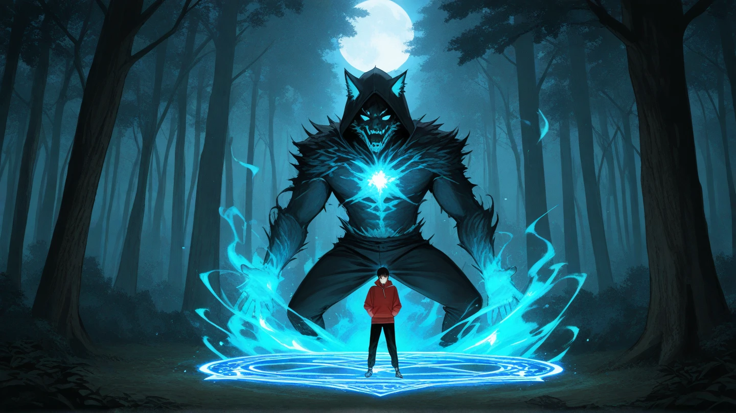 An image of the male character inspired by Sung Jinwoo from the anime serires "Solo Levelling", standing in a summoning pose with a glowing magic circle and shadowy spirit monster materializing behind him. The male character has black hair, is 18 years old, wearing a blur hoodie and black pants. the background scenery is in a thick forest during the night time.