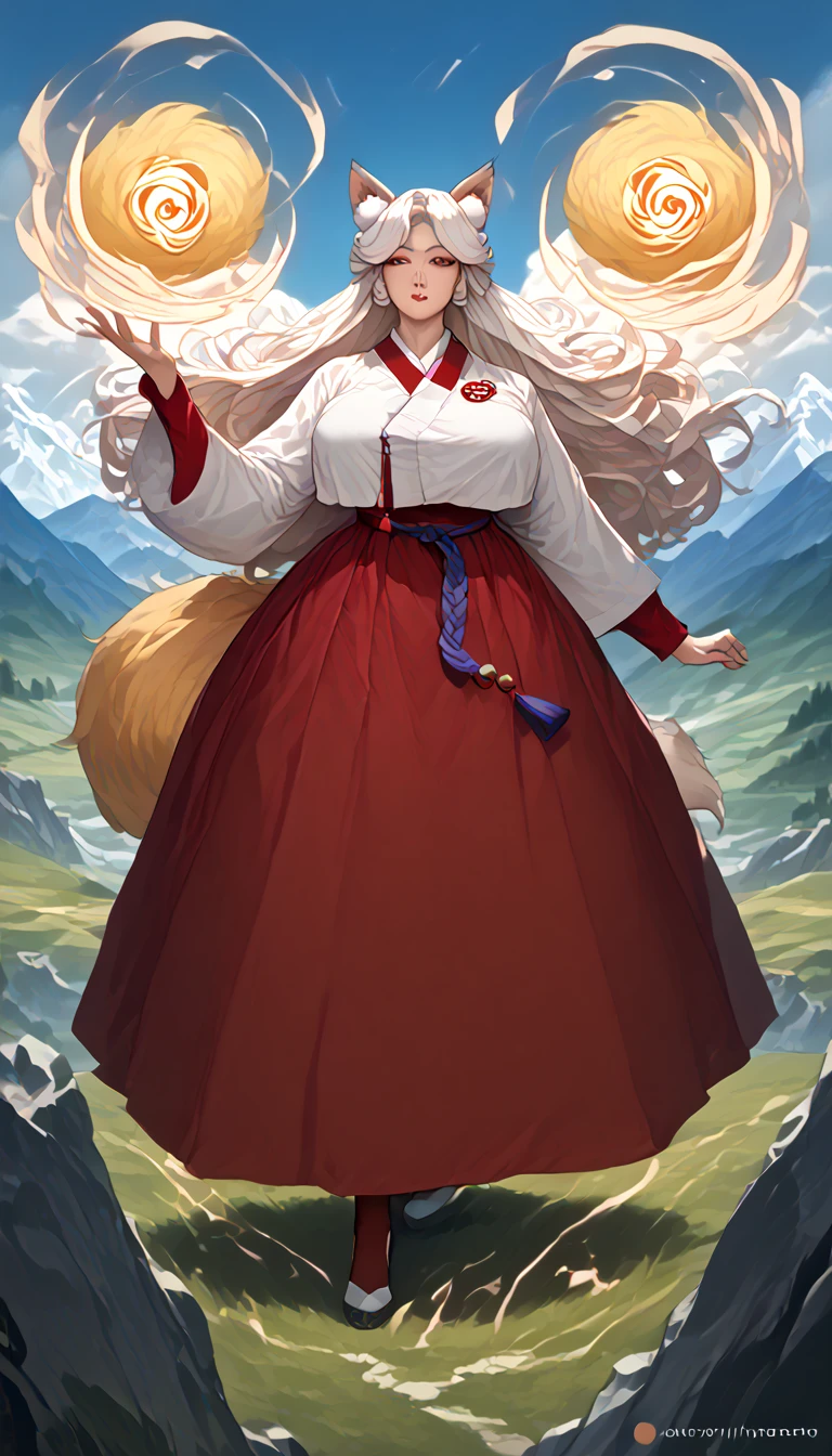 (masterpiece,  best quality :1.2), 1 woman,  alone, Gumiho, 여자 Gumiho,  Korean girl, Fox ears, fox tail, Hanbok,  white hair, In the mountains, ( huge boobs :1.4), magic