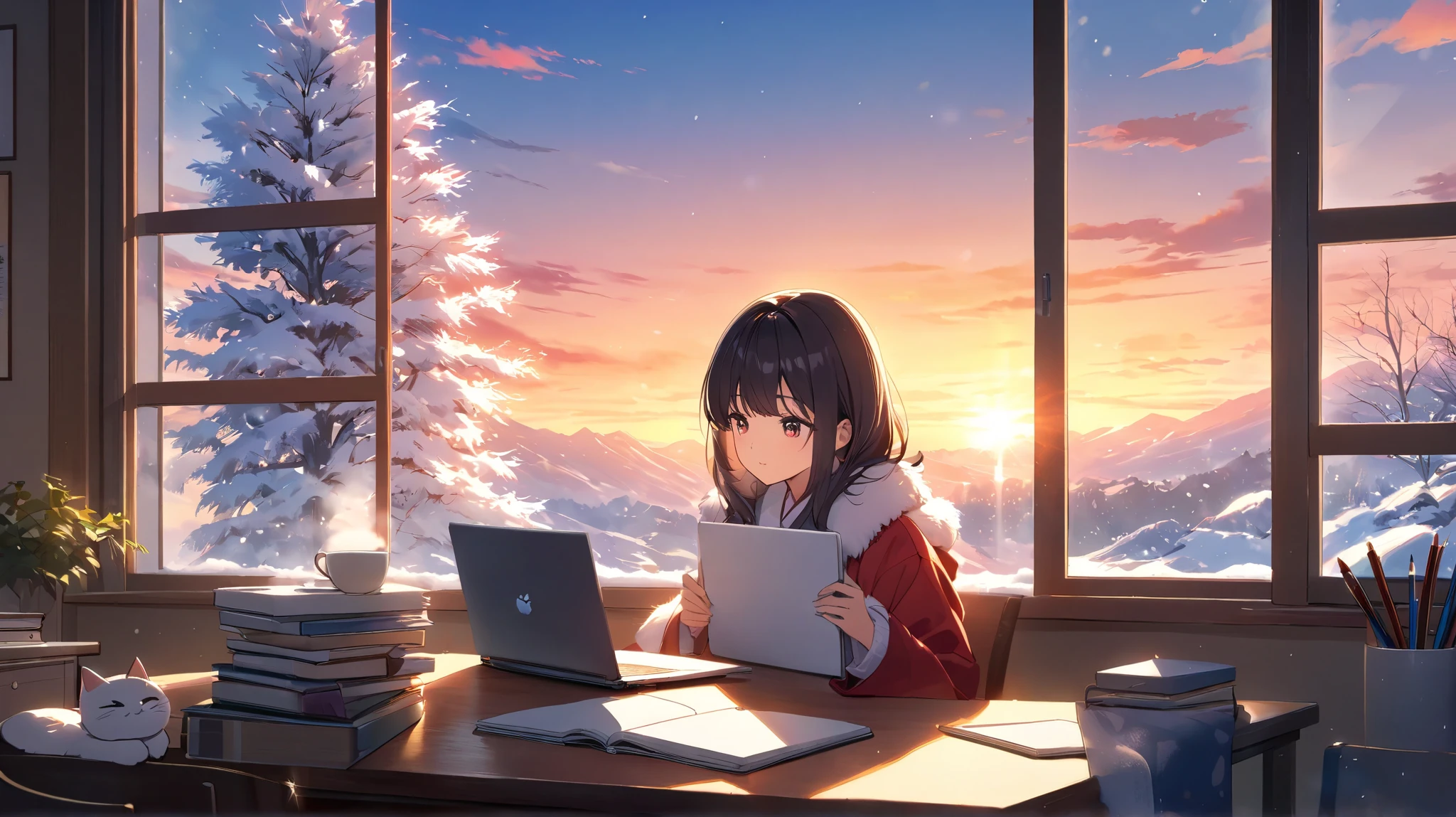 A beautiful Japanese anime-style illustration featuring a cute girl sitting at her desk, mesmerized by the view of a snowy landscape glowing in the hues of a stunning sunset through the window. She is studying at her cluttered desk, which holds a laptop, scattered notebooks, and pencils. Beside the laptop, a small, fluffy cat is sitting calmly, adding a cozy and endearing touch. A steaming cup of coffee is also on the desk, enhancing the warm and peaceful atmosphere. The scene captures the soft, magical colors of the sunset reflecting on the snowy scenery."