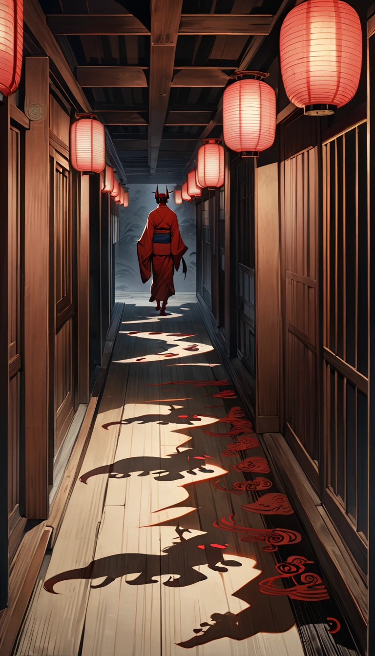 Create an image in traditional sumi-e style depicting an endless dimly lit Japanese wooden corridor, The corridor is illuminated by flickering lanterns casting eerie shadows along the walls, Ghostly footsteps are imprinted on the wooden floor glowing faintly with an ominous red hue and gradually moving towards a distant shadowy Oni figure, Shadows of Oni figures playfully dance in the background leaving ghostly trails, The footsteps shimmer and move as they progress forward evoking a feeling of dread and mystery, Expressionism, Minimalism, Ukiyo-e, Hyperrealism, UHD, masterpiece, accurate, award winning, super detail, high details, high quality, highres, best quality, 16k