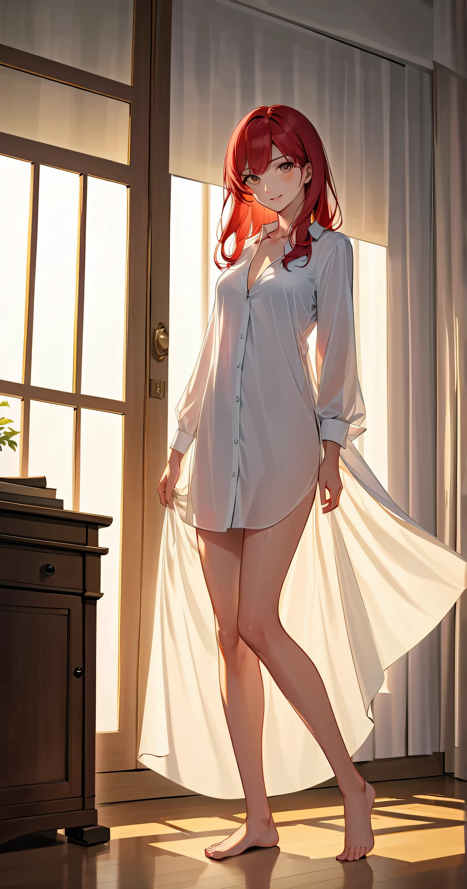 A full-body portrait of a tall, elegant girl in an oversized white shirt, standing in a softly lit room with sunlight streaming through a window. She has medium-length vermilion red hair with soft waves, a gentle yet confident smile, and is looking straight at the viewer. The shirt is slightly unbuttoned with casual folds at the hem, and her sleeves are rolled up for a relaxed yet refined look. She stands barefoot, with a graceful posture, her mature physique subtly emphasized.
backlit lighting, soft glow, translucent fabric effect,
subtle body lines visible through shirt in a tasteful way,
dramatic interplay of light and shadow, enhanced silhouette,
perfect anatomy(1.8), 1girl, masterpiece, best quality, ultra-detailed, 8k resolution,
sharp focus, crisp details, vibrant details,
2D anime style, soft lighting with slight warmth,
proportionate tall body, long legs(1.5), eight heads tall,
mature facial features, elegant face, refined beauty,
beautiful face(1.5), detailed face(1.3), barefoot,
oversized white shirt, rolled-up sleeves, slightly unbuttoned shirt, shirt overhang(1.5),
bewitching(1.5), gentle smile(1.3), side view, full-body,
tighter framing(1.5), harmonious full-body proportions emphasized.
busty(1.4), beautiful breasts(1.3), cleavage(1.1), beautiful clavicle, nice hands(1.3), perfect hand (1.5), beautiful hips (1.3), beautiful long legs (1.3), toned calves, barefoot, (silk dress shirt:1.3), delicate lace lingerie under dress shirt(1.7), beautiful body(1.3), sexy body(1.3),