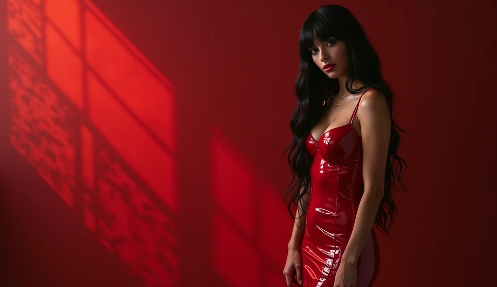 crea una foto de una mujer joven, about 25 years, with long brown hair. que se parezca a Megan Fox. pelo muy largo, cuerpo perfecto y pechos muy grandes.de fiesta. cuerpo entero. vestido rojo muy corto y con escote. Playing billard. fiesta con amigos. cuerpo entero. tacones rojos. que la imagen sea de muy alta calidad, como una foto real. que se vea muy real. como una persona de verdad. que se vea de cuerpo entero. Big