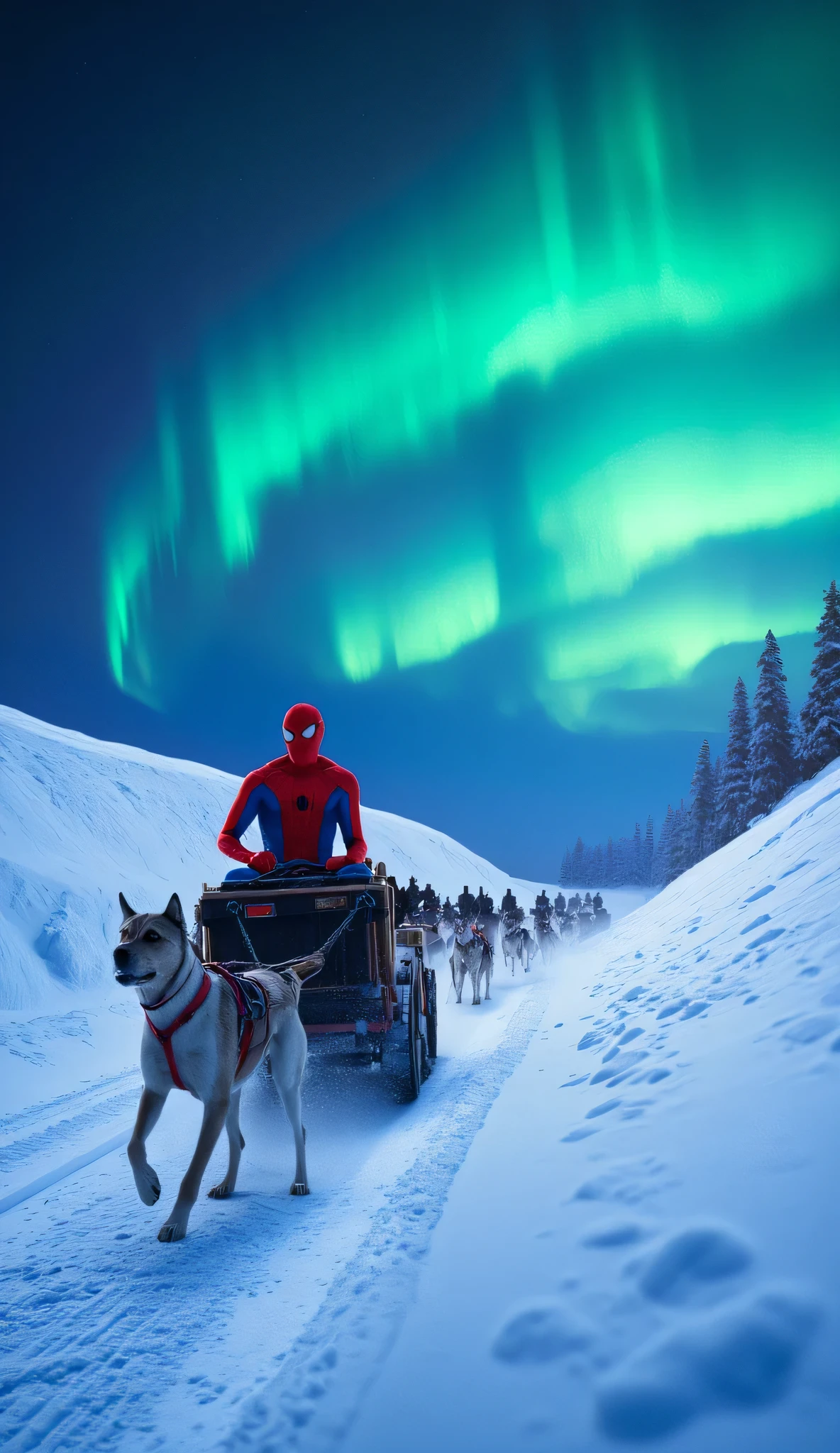 The camera pulls out as Spider-Man rides a dog sled towards the camera in a collection arc, in an aroura-filled night sky