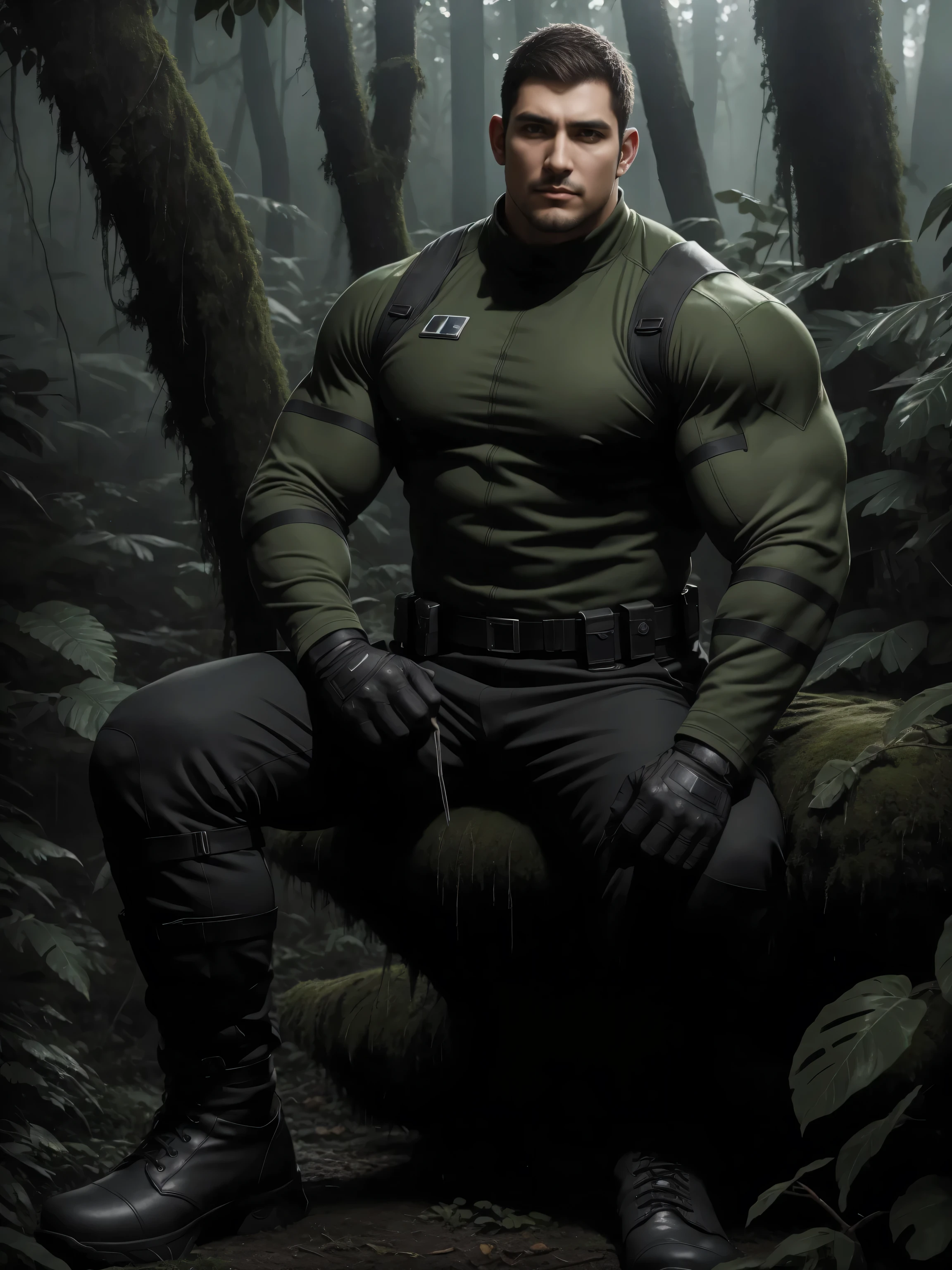 tall giant Muscular man sitting in the forest, dark gray camouflage military suit , character design (Resident Evil - Chris Redfield , Chris Redfield )His hairstyle is a flat head ,Wearing a dark gray camouflage military suit ,Frosted grain texture , soft and comfortable sofa , sitting in an eerie jungle , Surrounded by lots of giant slugs ,Sad expression,Deep and enchanting eyes , a male hero with emerald pupils ,heroic masculine pose,Burly, Muscular !Attractive leg muscles,High target, Burly, And powerful, Wearing a dark gray camouflage military suit , Super Buff and Coolness, a high-resolution anime character entrusting , Big feet in black boots,Charming strongman, shining brightly on his body , with the texture of frost particles shining