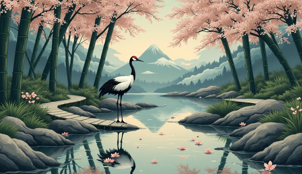 
A traditional Japanese-inspired artwork in the ukiyo-e style, capturing a serene twilight scene. A winding stone path leads through a tranquil forest of tall bamboo, their shadows stretching across the ground in the dim light. A solitary crane stands by a quiet stream, its reflection slightly distorted in the gently flowing water. Overhead, delicate cherry blossoms drift from unseen trees, some settling on the water's surface. The background reveals a distant, misty mountain partially veiled by soft clouds. The muted color palette combines gentle blues, greens, and earthy browns, with subtle accents of white and pink to evoke a sense of introspection and quiet resolution.