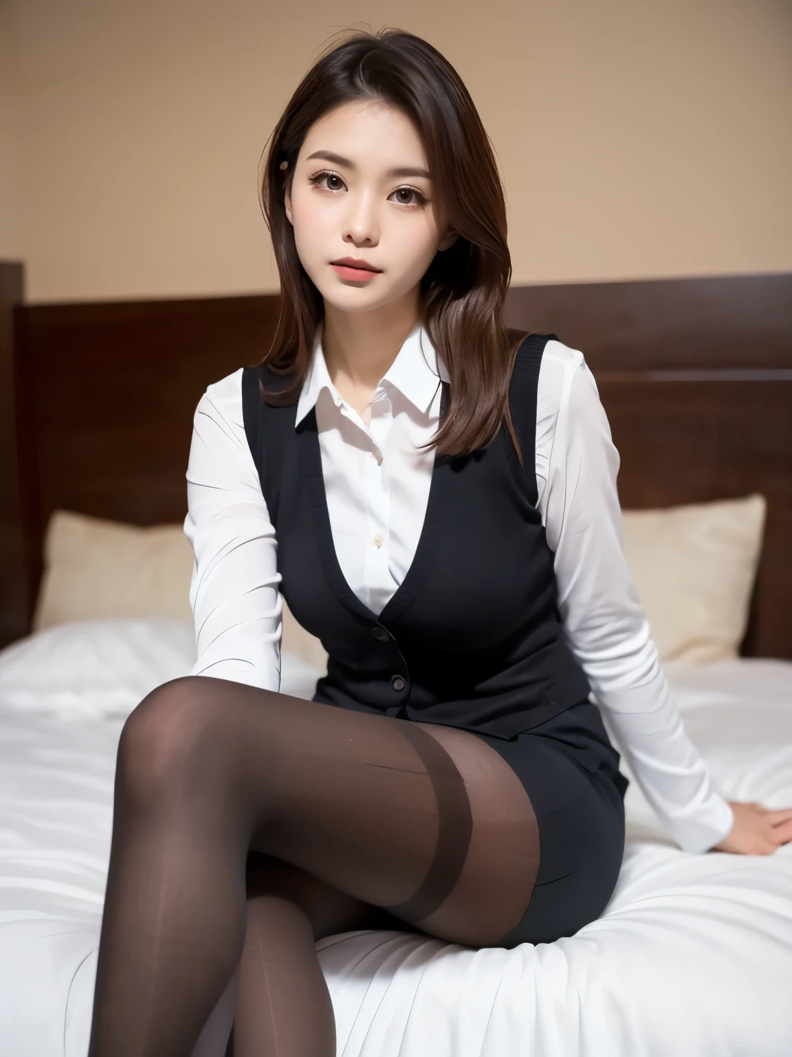 ulzzang-6500-v1.1, (RAW Photos:1.2), (Realistic), (Genuine:1.4), 1girl、Perfect Anatomy、Looking into the camera、Medium Long Hair、Plaid vest、Pencil Skirt、Pantyhose and skirt、((Sit on the bed:1.3))、(Ultra-realistic pantyhose:1.4), (Toes)、(Do not wear shoes), (Business services)、