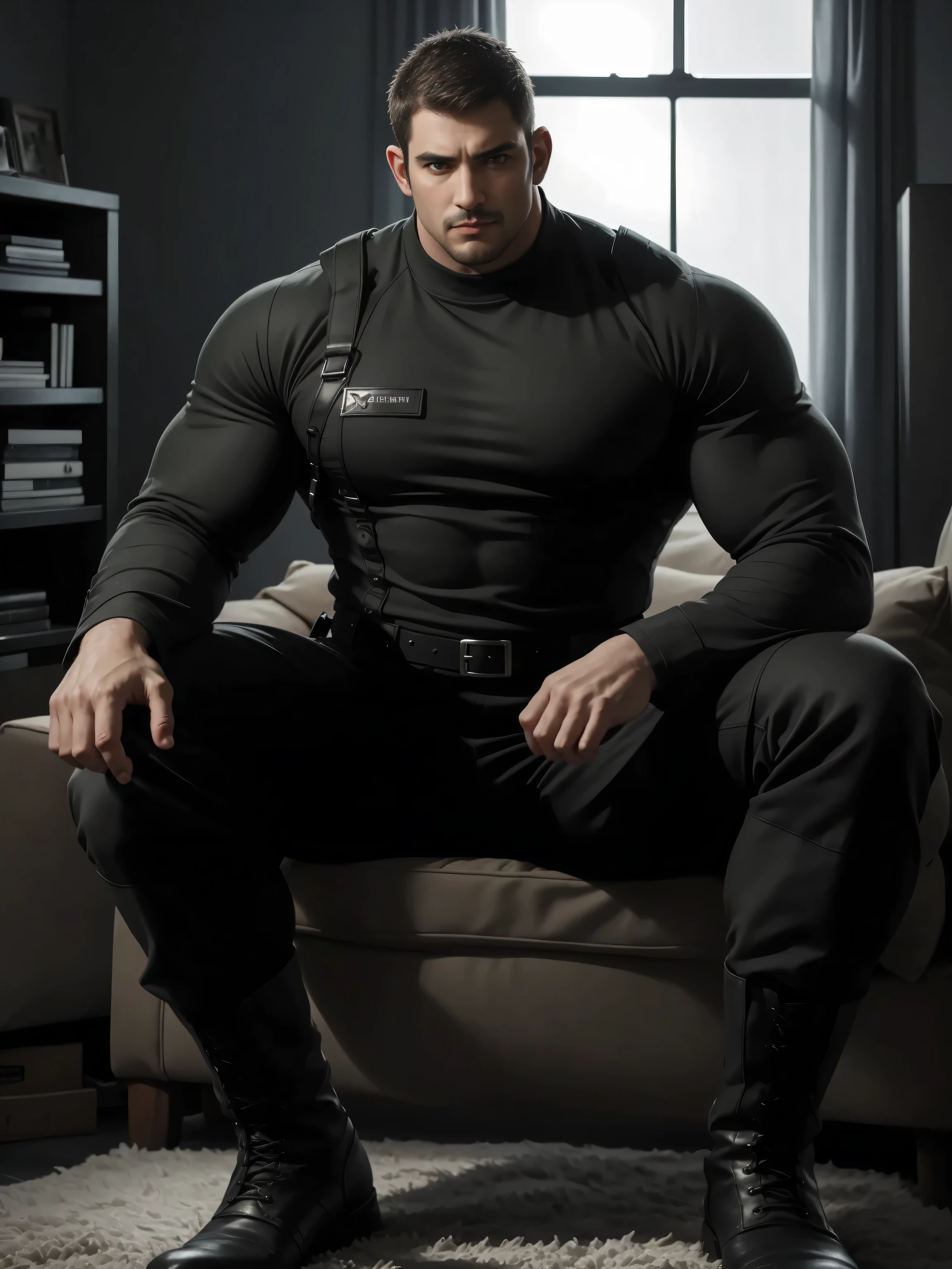 sitting in a messy dorm room,dark grey military uniform , character design (Resident Evil - Chris Redfield , Chris Redfield )His hairstyle is a flat head ,身穿dark grey military uniform ,Frosted grain texture , on a big, soft and comfortable sofa ,Tall giant Muscular man sitting in a messy bedroom ,Sad expression,Deep and enchanting eyes , a male hero with emerald pupils ,heroic masculine pose,Burly, Muscular !Attractive leg muscles,High target, Burly, And powerful, 身穿dark grey military uniform , Super Buff and Coolness, a high-resolution anime character entrusting , Big feet in black boots,Charming strongman, shining brightly on his body , with the texture of frost particles shining