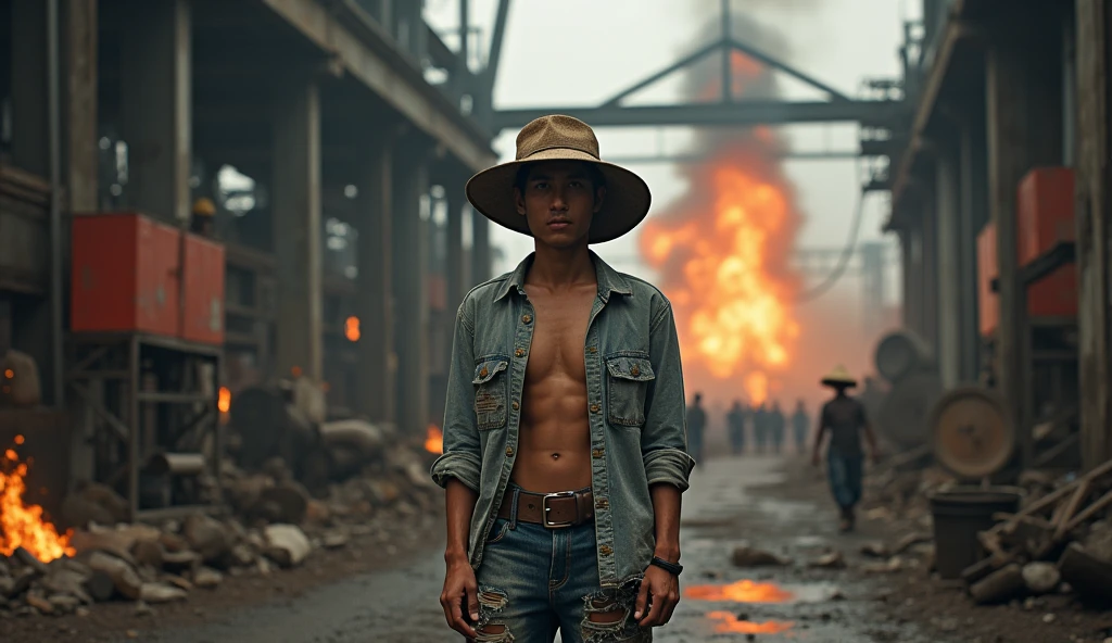(best quality:1.2,ultra-detailed,realistic:1.37),Luffy from One Piece victorious after a grueling and intense battle, wearing his iconic straw hat, extremely fatigued yet determined, showcasing his elation and exhaustion,hands on his waist, gear 5 activated,gear 5 aura surrounding him,exerted muscles and veins popping,sweat dripping from his face,facial expression filled with triumph and determination,background showing remnants of the battle with destroyed structures and debris,dust particles in the air,scattered sparks and smoke,magnificent shading and highlights on Luffy's character,emphasizing his power,shadows cast by the debris and structures, vibrant and intense colors highlighting the energy and intensity of the scene,studio lighting enhancing the dramatic effect,creating a dynamic and powerful composition.