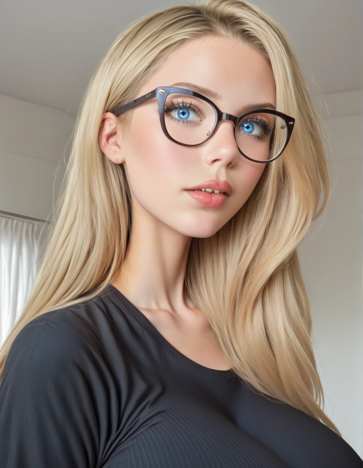 Hd, high quality, blonde, (high quality faces), adorable teenage girl, slim, (((black oversized cat-eye glasses))), (((huge breasts))), bodysuit, expressive blue eyes, bedroom