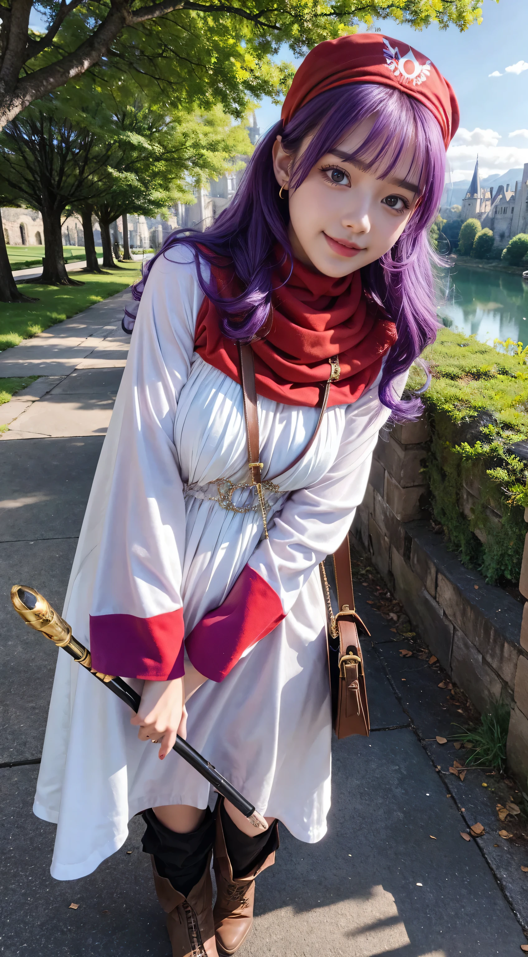 (dqPOM,boots. red hood, purple hair, Robe, upper body, holding staff)、standing fullbody、detailed face, cute face , best quality   , bangs , smile ,smallhead:1.3.big clear  eyes, very beautiful light eye highlights,  earrings, best quality,  looking at viewer, slight,masterpiece, best quality:1.4 、8k, raw photo, photo realistic:1.2、 ultra realistic ,detailed, 16 K , Film type light, looking at viewer、outdoor,Castle in the background
