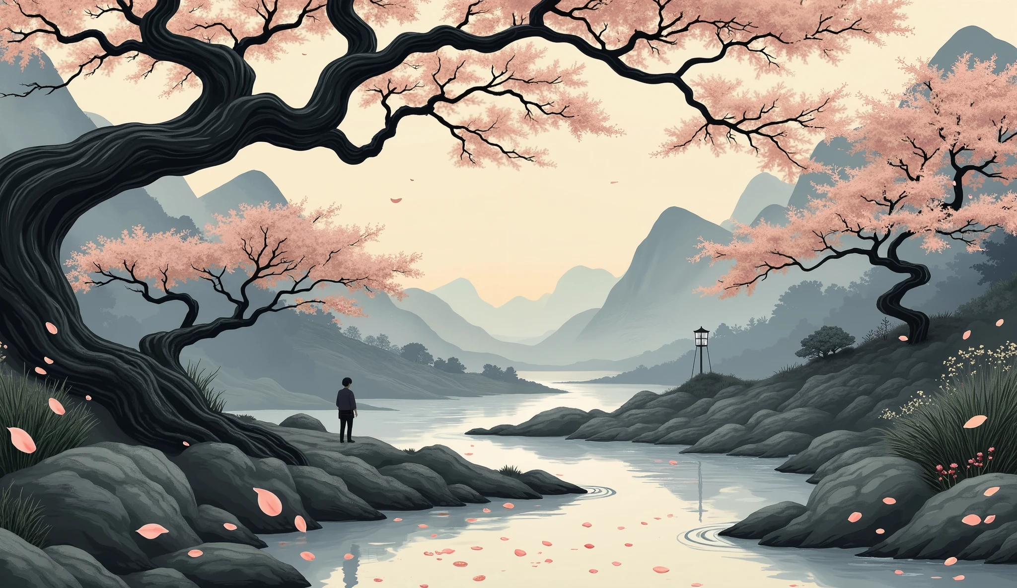 A traditional Japanese-inspired artwork in the ukiyo-e style, depicting a quiet scene at dusk.  The tree's branches twist against the evening sky, casting long, fragmented shadows over the ground. A tranquil stream flows beside the path, its surface reflecting scattered petals from unseen blossoms. The atmosphere is heavy with quiet detachment, evoking a sense of moving forward while still glancing back. The color palette blends soft grays, muted blues, and pale pinks, contrasted by darker tones to emphasize the melancholic yet serene mood.