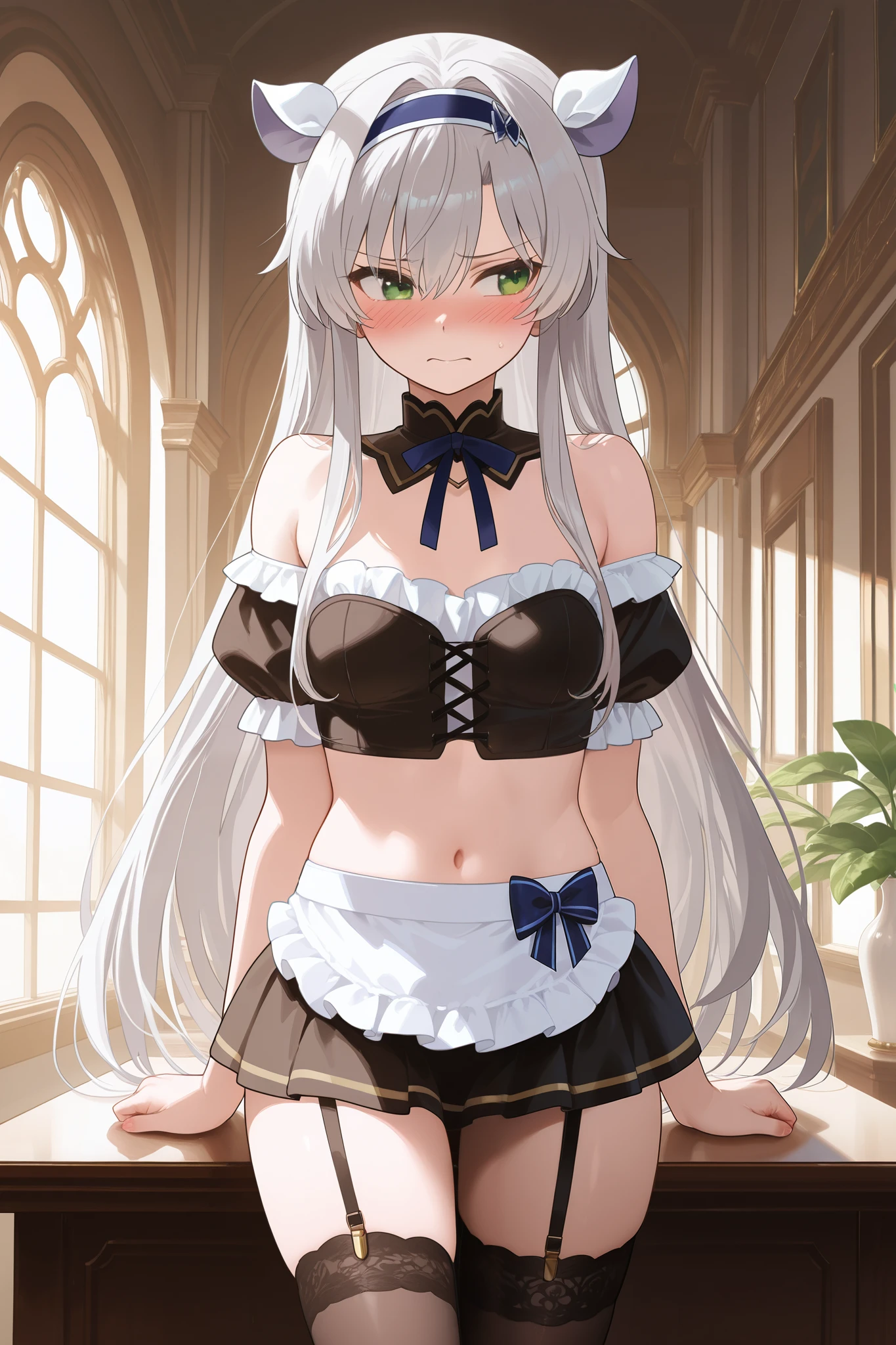 NSFW,masterpiece, top quality, high definition, very detailed,Sistine＝Fiebel 、 Roku Denashi Magi Instructor and Akashic Records、 green eyes、 gray hair、stupid hair、 small breasts、 long hair、 Blue Hairband 、 fake animal ears , maid clothes , crop top, off shoulder, micro mini skirt, garter belt, luxury mansion,Office,Embarrassed,blush,Doing work