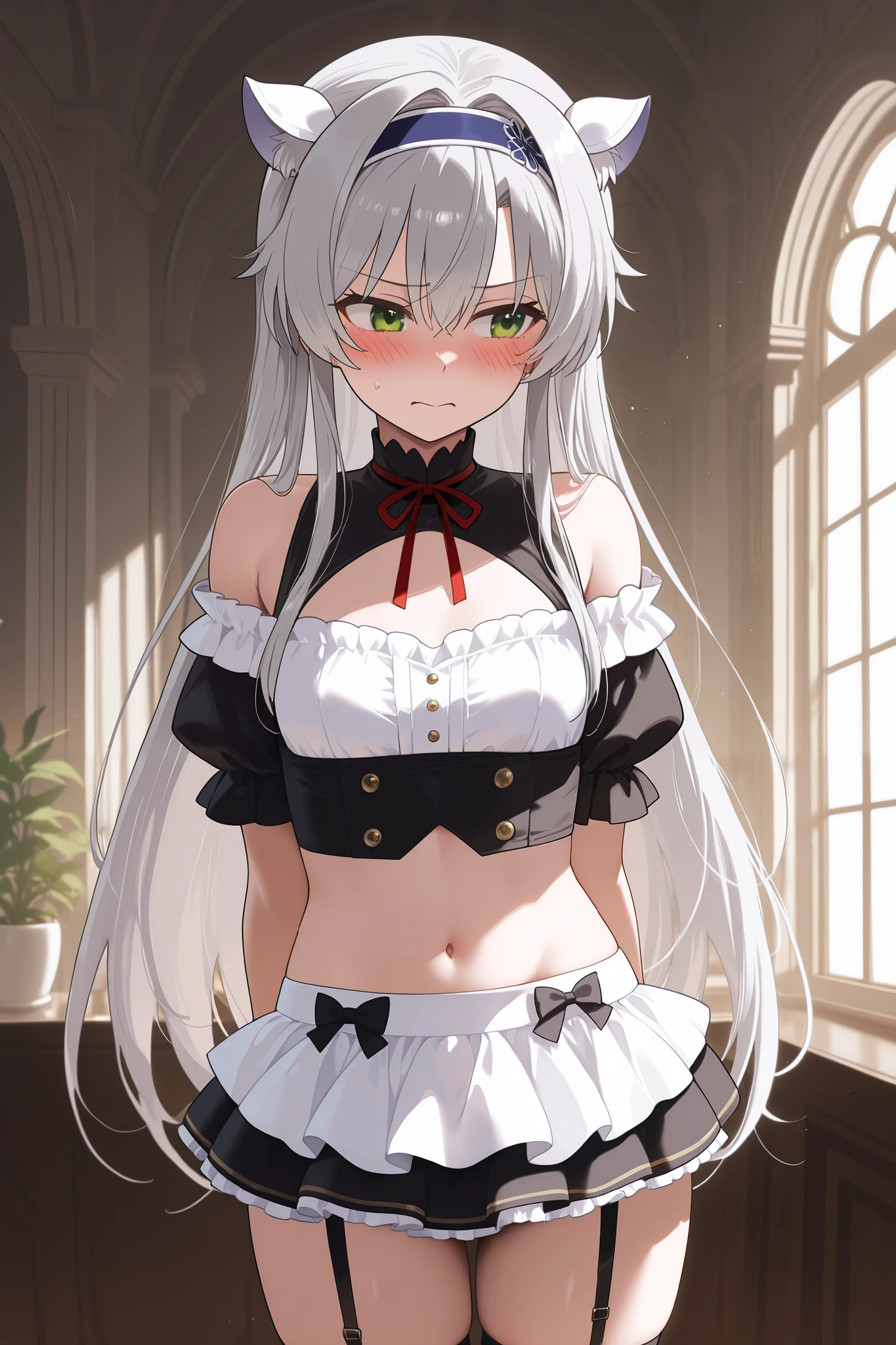 NSFW,masterpiece, top quality, high definition, very detailed,Sistine＝Fiebel 、 Roku Denashi Magi Instructor and Akashic Records、 green eyes、 gray hair、stupid hair、 small breasts、 long hair、 Blue Hairband 、 fake animal ears , maid clothes , crop top, off shoulder, micro mini skirt, garter belt, luxury mansion,Office,Embarrassed,blush,Doing work