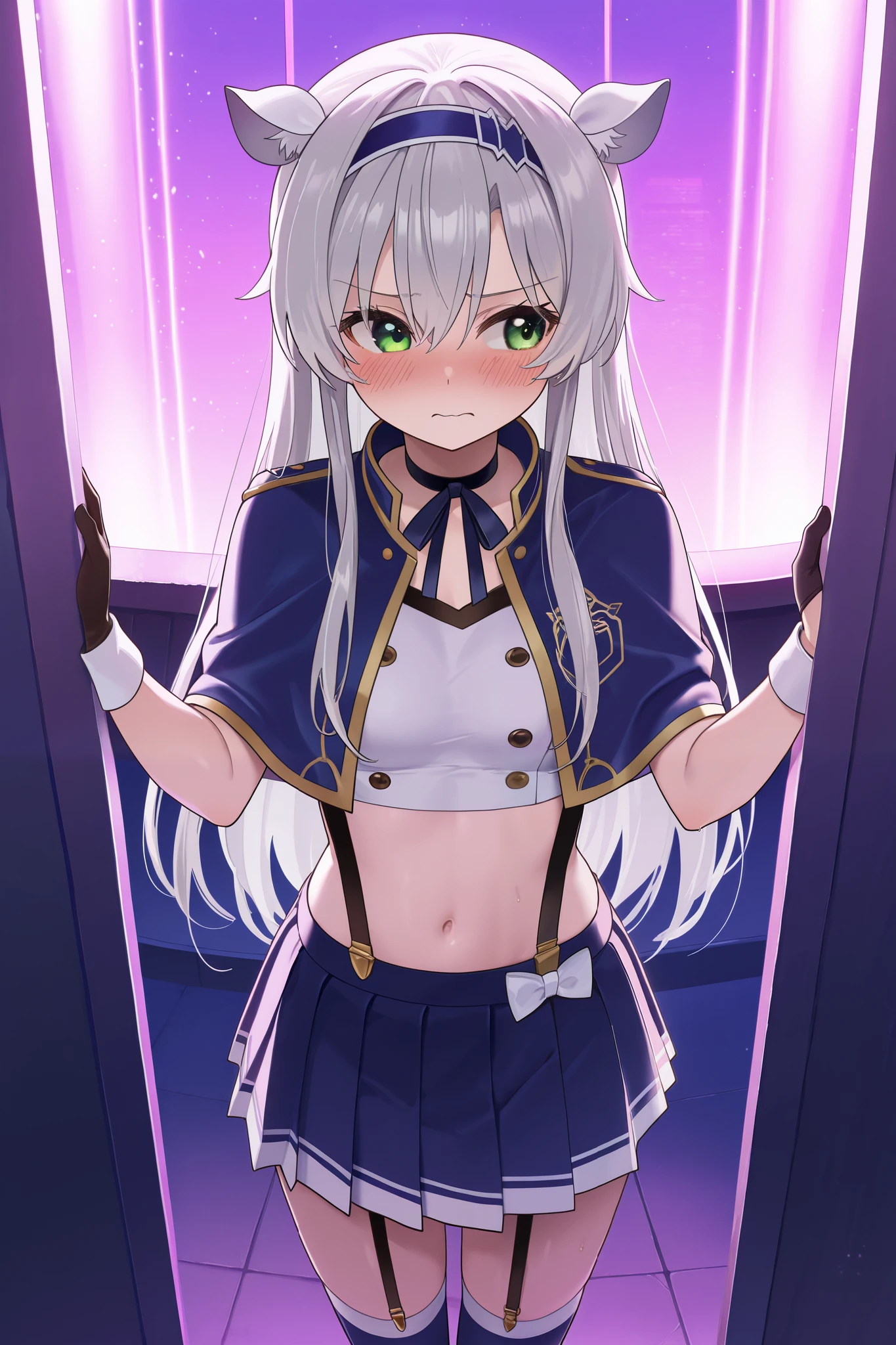 NSFW,masterpiece, top quality, high definition, very detailed,Sistine＝Fiebel 、 Roku Denashi Magi Instructor and Akashic Records、 green eyes、 gray hair、stupid hair、 small breasts、 long hair、 Blue Hairband 、 fake animal ears ,Arzano uniform , crop top、 blue capelet、 blue knee socks 、 neck ribbon、 choker 、 garter strap、 wrist cuff on one side 、One glove、Uneven gloves 、Pleated skirt、Suspender skirt、abdomen,(Prostitute),Nightlife,Embarrassed,blush