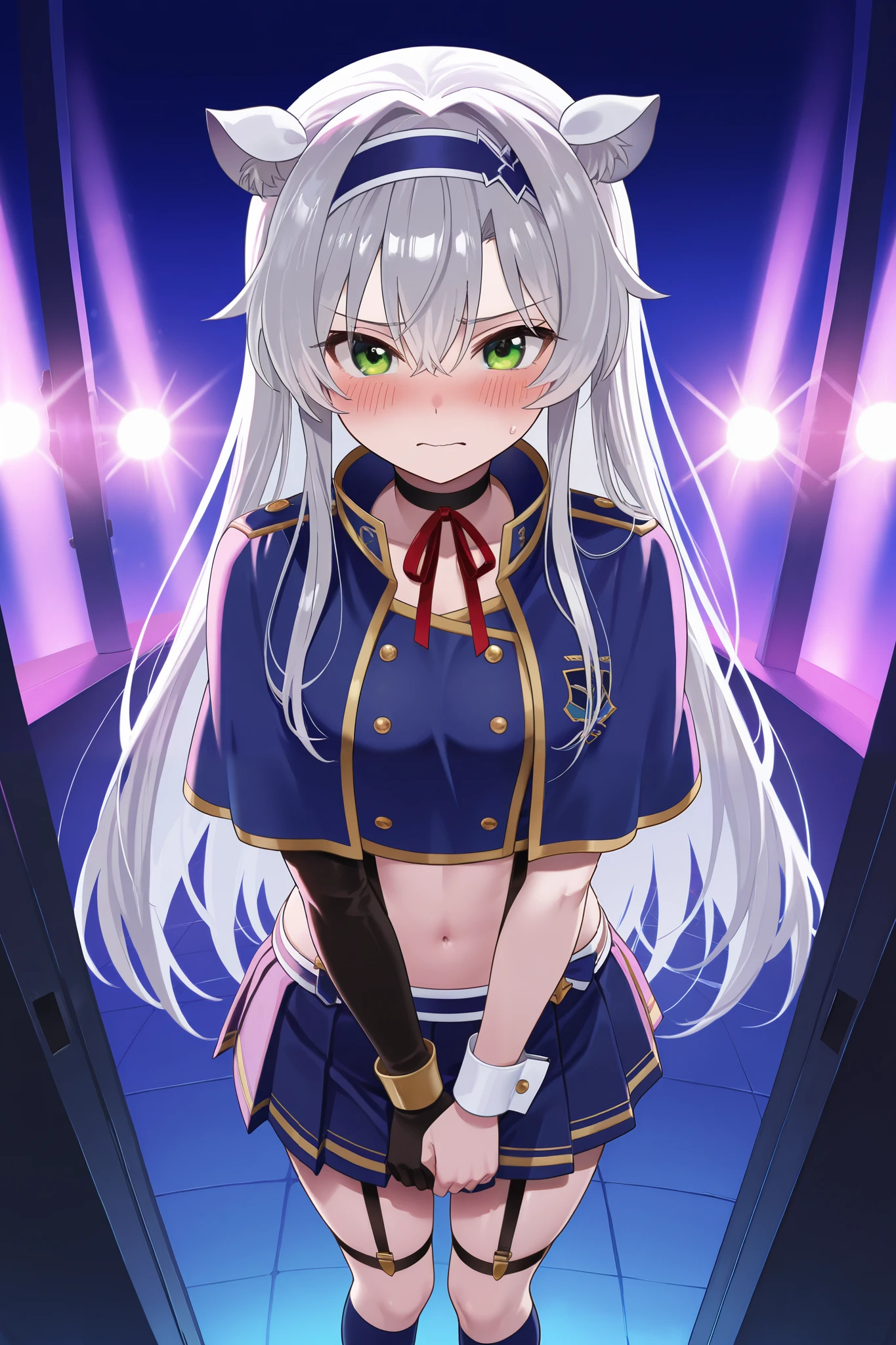 NSFW,masterpiece, top quality, high definition, very detailed,Sistine＝Fiebel 、 Roku Denashi Magi Instructor and Akashic Records、 green eyes、 gray hair、stupid hair、 small breasts、 long hair、 Blue Hairband 、 fake animal ears ,Arzano uniform , crop top、 blue capelet、 blue knee socks 、 neck ribbon、 choker 、 garter strap、 wrist cuff on one side 、One glove、Uneven gloves 、Pleated skirt、Suspender skirt、abdomen,(Prostitute),Nightlife,Embarrassed,blush