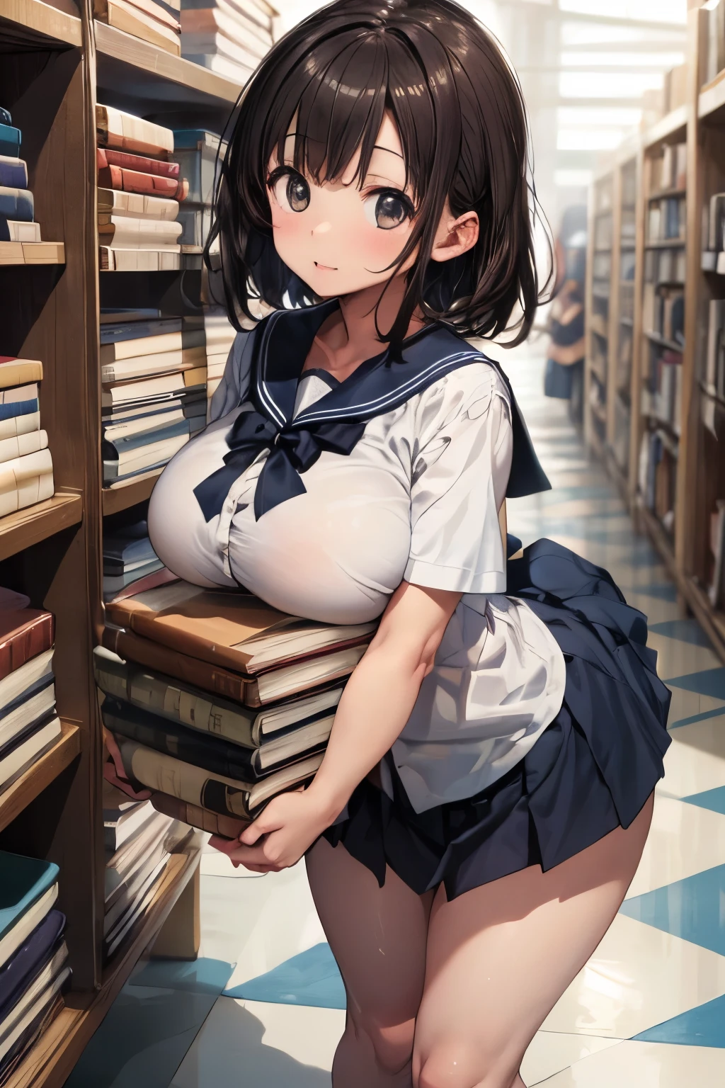 Masterpiece、 top quality、Highly detailed piece、 ultra detail、 high definition、16k、nikon d800、 detailed background、 professional lights 、 dynamic angles where the body is melting、 toe full body shot highlighting hair、A cute girl in a sailor suit has lots of books、Big round breasts that sit on top of a book、Round face、 plump cheeks 、Thick arms、 Big Round Breasts 、 thick legs、 detail eyes with dark dark hair、Fine shiny skin、Shiny Skin、 white shirt、 short dark blue pleated skirt 、 shiny dark brown hair、 short bob with sisters、 Libraries 、Mountain of books、carrying
