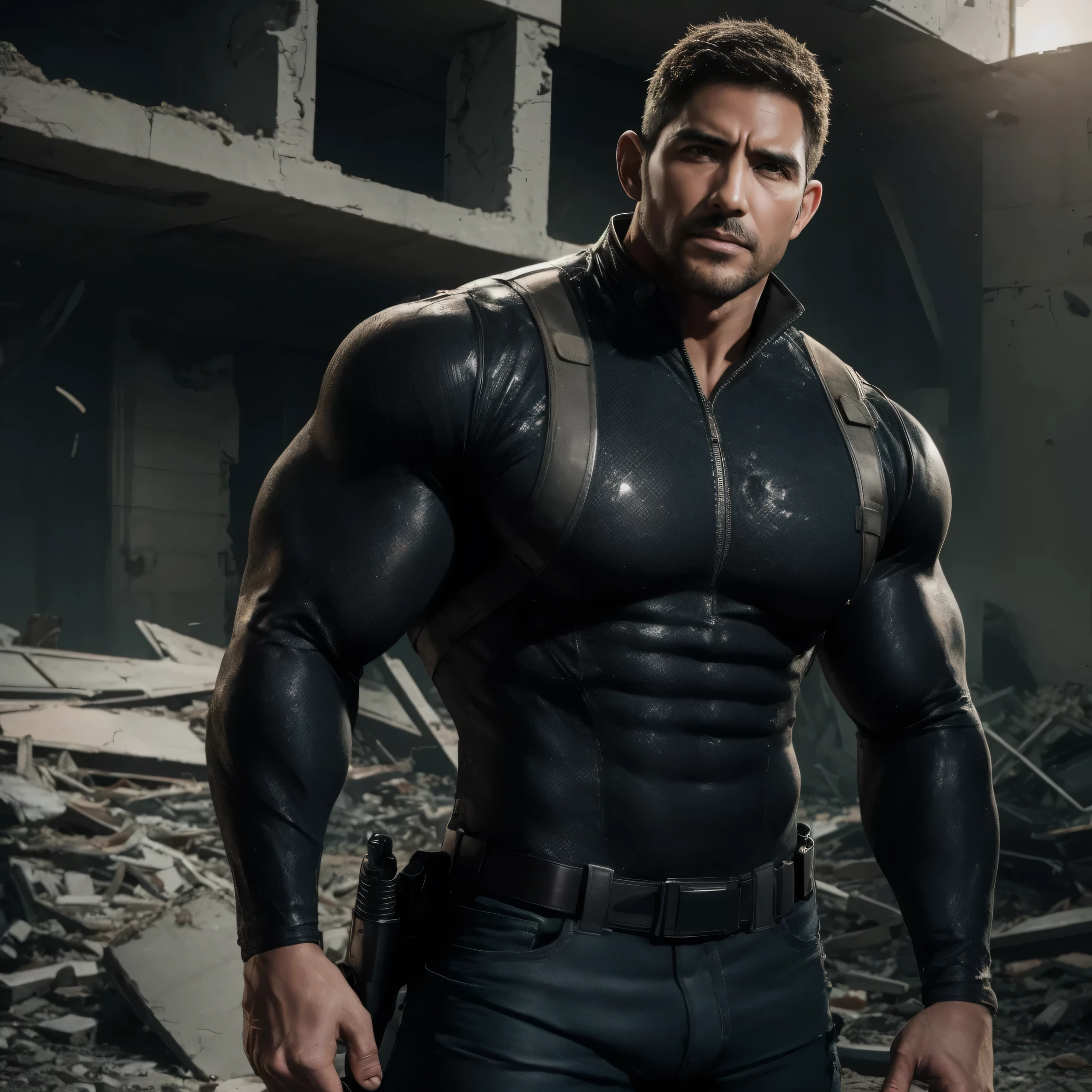 Angry super  muscular  man,  Flat head，Ruins in an abandoned city, Get your cream long sleeve superhero Moon Knight bodysuit, Tech Bionic Compression Tights，Cream denim texture，His expression was arrogant, Lift your chin,  messy hair ,  thick thighs , High Aims Neck Long Sleeve Gray Brown Superhero Bodysuit, Very tight, Regular symmetrical pattern, High Aimslight muscles, Police uniform pants,  character concept （Resident Evil - Chris Redfield, Chris Redfield）Proud expression, Deep and enchanting eyes , Heroic male pose, tall Burly,  muscular ！ muscular  thighs, Tough Guy,  Perfect Facial Features, High Aims, Burly, Heqiang, Super exquisite and cool, High Aims Resolution Committee, Extraordinary Charm , The sun is strong,  is dazzling