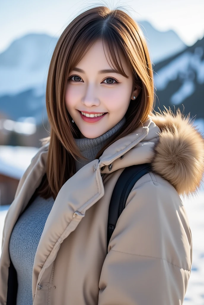  full body photo:2.0、 I'm wearing boots、 random expression:2.0、Wearing warm outerwear 、12Ｋ、ＨＤＲ、 bits deep 10 bits 、( realistic) , (photo  realistic :1.4), masterpiece,  very delicate and beautiful ,  very detailed,(  light brown hair )、A woman who exudes adult appeal  、 clear white skin  、 and smiles at the viewer:1.0、 I can see the Matterhorn Mountain in the background、smile、Teeth are visible、Extreme cold、It&#39;s winter、