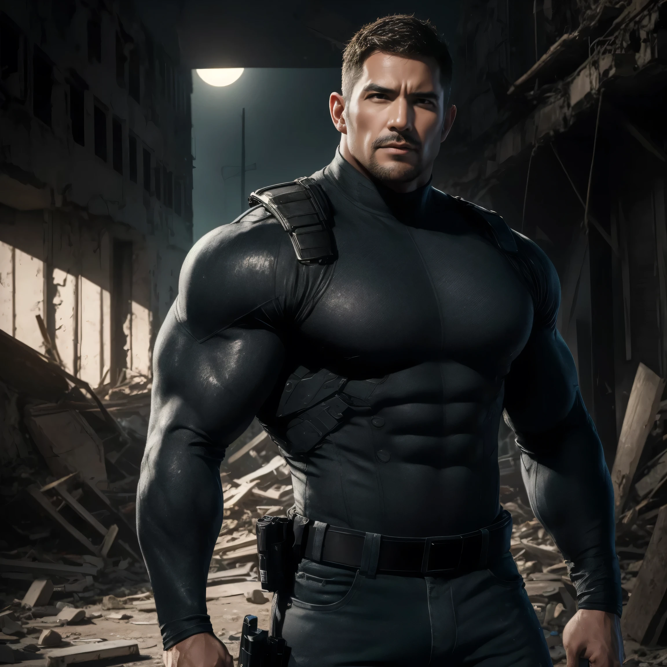 Angry super muscular man, Flat head,Ruins in an abandoned city, Get your cream long sleeve superhero Moon Knight bodysuit, Tech Bionic Compression Tights,Cream denim texture,His expression was arrogant, Lift your chin, messy hair , thick thighs , High Aims Neck Long Sleeve Gray Brown Superhero Bodysuit, Very tight, Regular symmetrical pattern, High Aimslight muscles, Police uniform pants, character concept (Resident Evil - Chris Redfield, Chris Redfield)Proud expression, Deep and enchanting eyes , Heroic male pose, tall Burly, muscular ! muscular thighs, Tough Guy, Perfect Facial Features, High Aims, Burly, Heqiang, Super exquisite and cool, High Aims Resolution Committee, Extraordinary Charm , The sun is strong, is dazzling