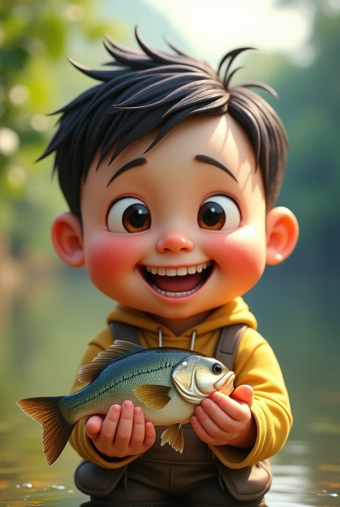 Create a picture of a boy accidentally eating a fish contaminated with microplastics