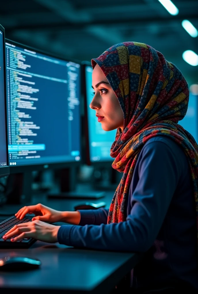 Hijabi girl with smart glasses working on computer