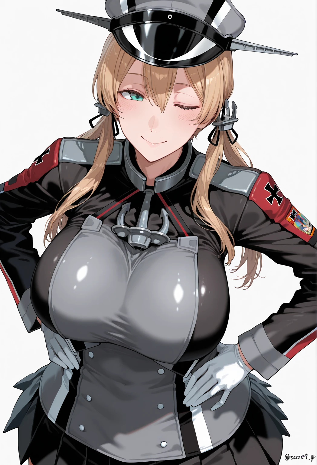 best quality, masterpiece, highres, solo, {graf_zeppelin_kantaicollection:1.15}, blonde_hair, twintails, long_hair, sidelocks, hair_between_eyes, breasts, blue_eyes, capelet, large_breasts, hat, peaked_cap, necktie, military, black skirt, short skirt, black tights, cross, blush, 1girl, looking_at_viewer, military_uniform, uniform, iron_cross, black_gloves, gloves, upper_body, ((((chained_superior)))), ((Arms suspended by chains)), arms over head, large breast, indoor, bed room, cabinet, hanged, standing, shy, scowl, teeth, sweat,