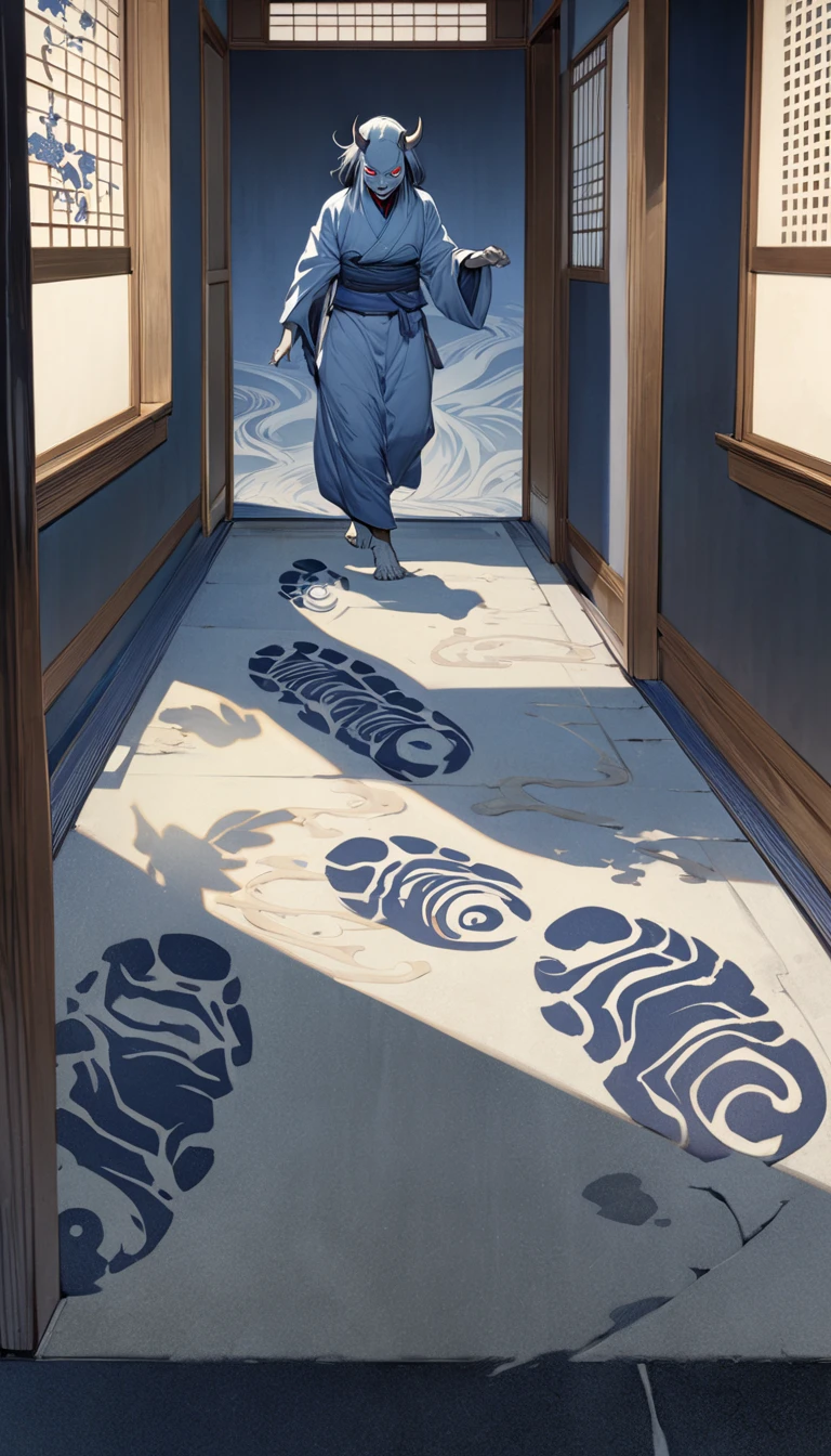 Strong footprints left in the hallway, The footprints take on a black light and continue deep, Shadows of Oni figures playfully dance in the background leaving ghostly trails, The footsteps shimmer and move as they progress forward evoking a feeling of dread and mystery, Expressionism, Minimalism, Ukiyo-e, Hyperrealism, UHD, masterpiece, accurate, award winning, super detail, high details, high quality, highres, best quality, 16k