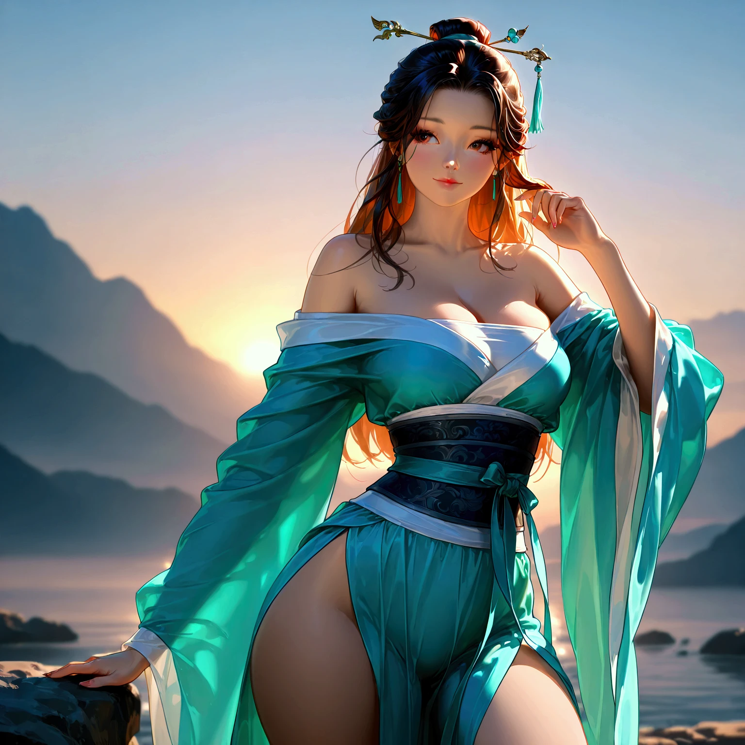 gufeng, guofeng, chinese clothes, hanfu,
 1girl, solo_focus, eyelashes, breasts, cleavage, thick thighs, wide_hips,  cowboy shot, 
masterpiece, best quality, realistic, 8k, official art, cinematic light, ultra high res, perfect female body, sharp focus, 
HDR, 8k, amazing quality, very aesthetic, absurdres, newest, detailed skin, detailed eyes, detailed hair, fantasy,  photorealistic, photo background, 
