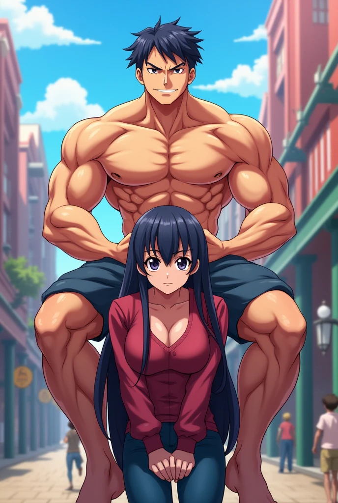 Woman in black bikini and small man in white shirt, weak and small man, thin and small physique, Very beauthful. , ,weak and defenseless man, small physique, , muscular ultraviolent woman, muscular and scary, absurdly huge physique, big muscles, extremely muscular woman, woman stepping on man, small man being stepped on by woman,