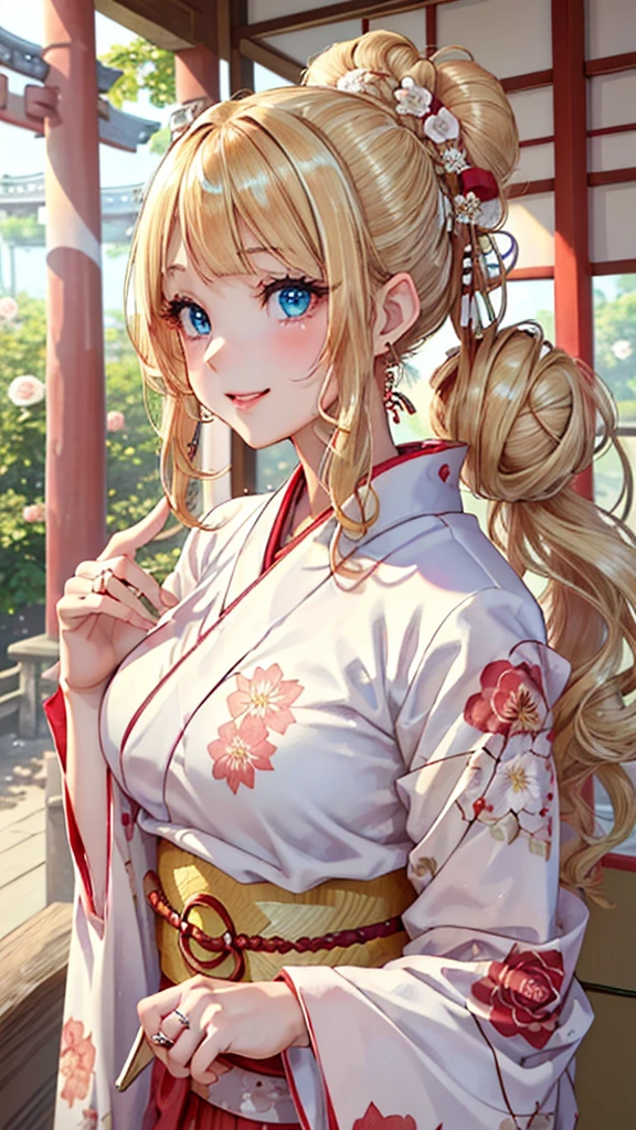 A masterpiece, ultra high definition, ultra HD quality, the most beautiful woman in history, anime, slender body, (large breasts), tall height, small face, well-balanced proportions, (shiny hair, light blonde hair:1.2), (((Updo hair:1.3))), (long bangs), (has beautiful shining eyes), (clear Blue eyes), (((shining highlights:1.3))), long eyelashes, pink lips, beautifully precise and delicate hand and finger creation, divine smile, (((Japanese kimono / pale red colored furisode))), (((gorgeous floral kimono))), (white rose accessory:1.2), ((Hairpin)), (small earrings, ring), upper body, beautiful standing posture like a fashion model, Japanese shrine, torii gate
