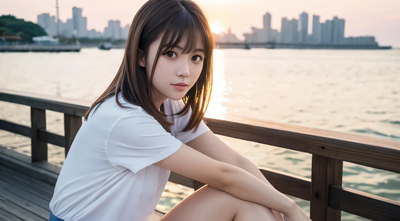 (Close up face shot of slender small-breasted dark silver long hair with swept bangs girl wearing a white T-shirt only:1.5)、(One girl is looking back and lonely little smile with tears on the coast in Japan:1.5)、(Beautiful after sunset red sky with big red cloud:1.5)、(blurred background:1.5)、(Natural light:1.5)、(8k ultra detailed master piece:1.5)、(perfect anatomy:1.5)、(Photorealistic stick:1.5)、(Raw photo:1.3)、(highest quality:1.5)、(High resolution:1.3)、(Delicate and beautiful perfect face:1.3)、(Delicate and beautiful eye air skin:1.3)、(Real Human Skin:1.3)、((thin legs))