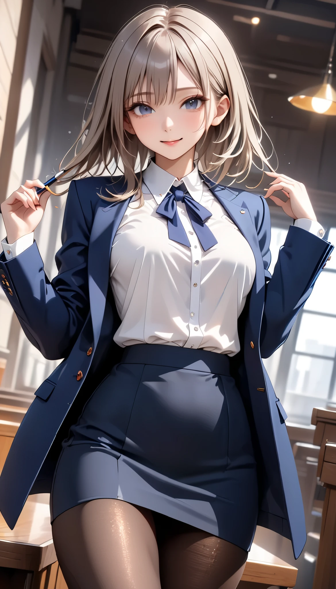 (((Female lawyer,  formal suit skirt ,   pencil skirt,  pantyhose,  white blouse,   Navy Blue Jacket,))), skinny, Alone,  female 1, Masterpiece,  top quality,  top quality, 16k,  unbelievably ridiculous,  very detailed, 2.5D, AI-generated,  delicate and dynamic,  Very Delicate Expression,  with a delicate gaze,  EROTIC, only  sexy woman, (( cute and kind face )), Healthy body shape, (( 25 year old woman)), Height: 160cm,  moderately stiff swaying bust,, , sweat, embarrassing, sexy, (( Thin Thighs)), ( erect nipples :0.9),  shiny,  Standing Picture of Shots Above the Shins , smile, (( oily_skin)), (( Dutch angle )), (( EROTIC pose)),  fashion model pose with clear pussy,   fashion model style DJ, (close-up),