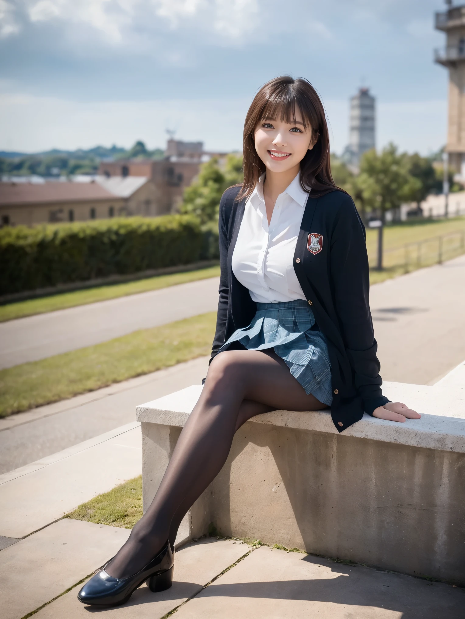 Ulzzang-6500-v1.1, (RAW Photos:1.2), (Photorealistic), (Genuine:1.4), 1girl、Perfect Anatomy、Sit on the stairs、Full body photo、Looking at the camera、Black tights、pumps、Knee-length skirt、Black Hair、smile、Checked vest vest、、
