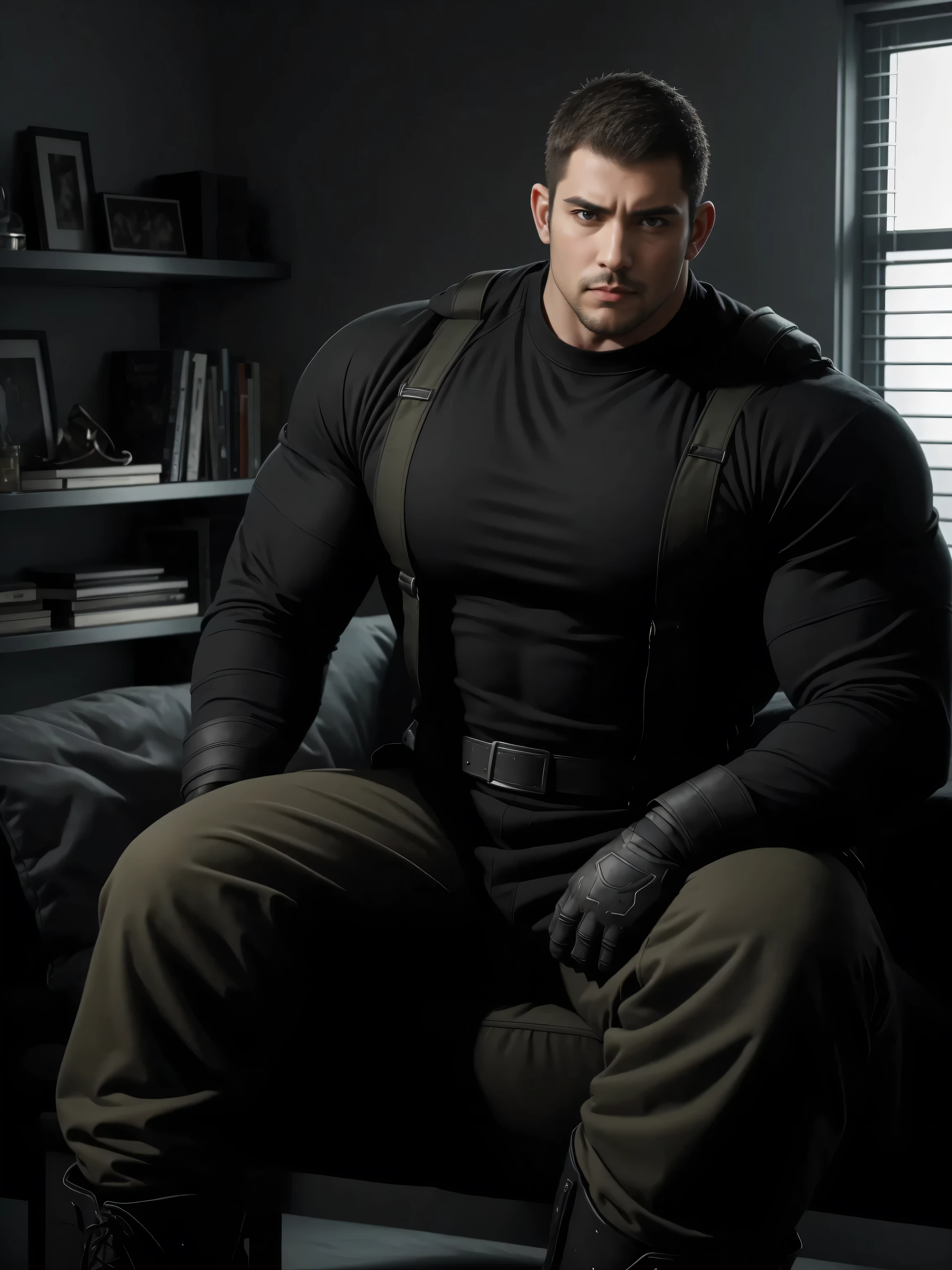 sitting in a messy dorm room,dark grey military uniform , character design (Resident Evil - Chris Redfield , Chris Redfield )His hairstyle is a flat head ,身穿dark grey military uniform ,Frosted grain texture , big soft and comfortable sofa ,Tall giant muscular man sitting in a messy bedroom ,Sad expression,Deep and enchanting eyes , a male hero with emerald pupils ,heroic masculine pose,Burly, Muscular !Attractive leg muscles,High target, Burly, And powerful, 身穿dark grey military uniform , Super Buff and Coolness, a high-resolution anime character entrusting , Big feet in black boots,Charming strongman, shining brightly on his body , with the texture of frost particles shining