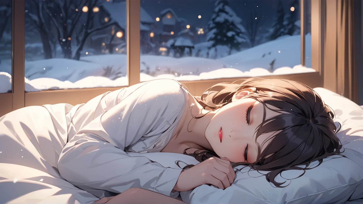 ((Top Quality)), ((Masterpiece)), ((Details), snowy window, snowy night, woman lying in bed, woman sleeping