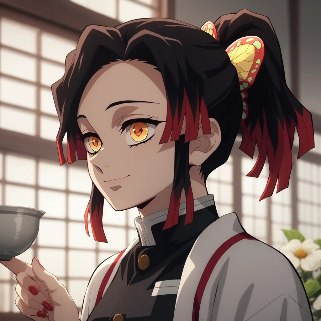 Anime screencap, Season 4 Ufotable studio, woman with long dark red hair, ponytail, amber eyes, red demon slayer mark, wearing black demon slayer uniform, yellow haori with white flower pattern, ponytail fastened by yellow butterfly hair ornament, yellow butterfly hair ornament, smile