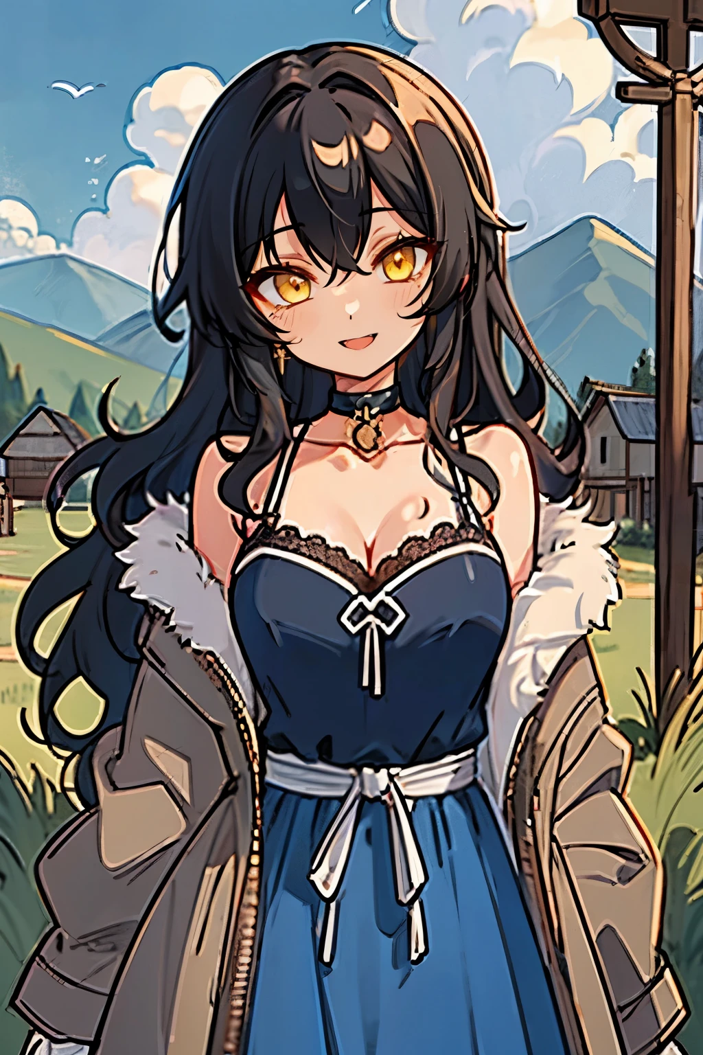(masterpiece:1.2), (high quality:1.2), (hui xiyi:0.7), rekkyo sensen, rekkyou sensen, girls with((1girl, solo, black hair, yellow eyes, (wavy long hair, one side up:1.3), breasts, choker, cleavage, coat, bare shoulders, collar, collarbone, cowboy shot, camisole, lace dress, blue dress, black ribbon belt, rosary, cross, fur, khaki jacket, hood down, hooded coat, hooded jacket, hoodie, jacket, large breasts, long hair, long sleeves, medium breasts, open clothes, open coat,open hoodie, sleeveless, winter clothes, zipper, cleavage, upper body, hand up, waving, white gloves, palm)), background with((architecture, blue sky, bush, castle, village, no humans, cloud, cloudy sky, day, field, garden, grass, hill, house, lamppost, landscape, celtic, mountainous horizon, nature, no humans, outdoors, scenery, shrine, sky))