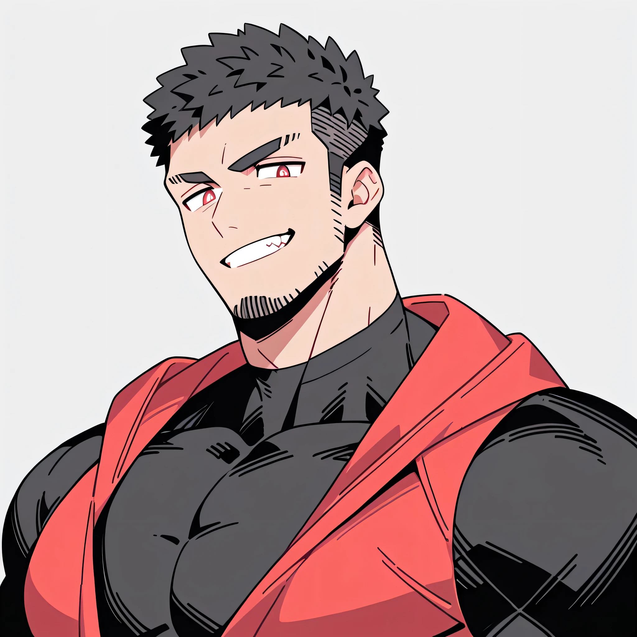 anime characters:Priapus, Black Black Skin Muscle Sports Student, Manliness, male focus, Red Sports tight hooded sweatshirt, Wear a high-necked tights underneath, Very tight, Huge pectoral muscles, muscular male, muscular, Perfect muscular waist, only, Upper body, alone, Red short hair, Thick eyebrows, stubble, Brown-red pupils, White background, Solid color background, Clean background, simple background, amazing quality, best aesthetics, Ridiculous, crew cut, smirk, bright pupils, grin, negative space, negative space, best quality