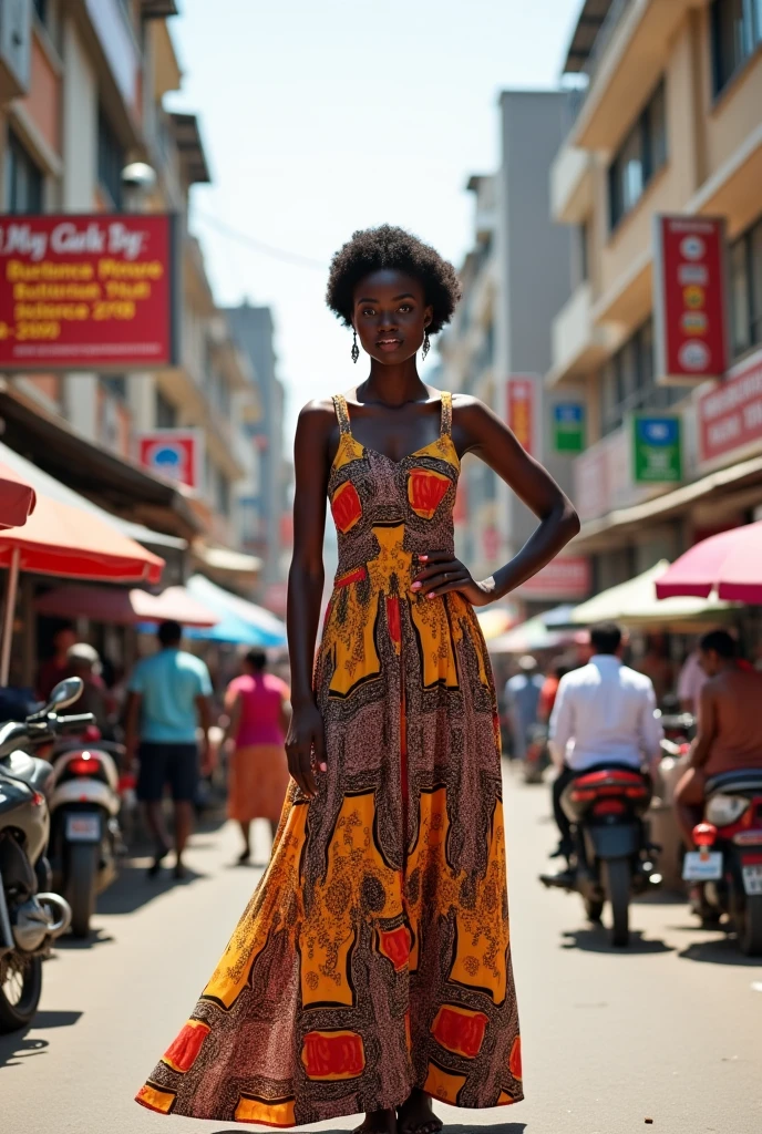 woman walking down the street carrying a large basket on her head, africana woman, africana, by Ingrida Kadaka, anthropological photography, vibrant hues, Afternoon Sunlight, por Chinwe Chukwuogo-Roy, a woman walking, wearing an africana dress, por Lily Delissa Joseph, africana arts, by Matteo Pérez, Afternoon Sun, Absolutely remarkable image, Zaha Hadid architecture in the background, in the middle of Africa