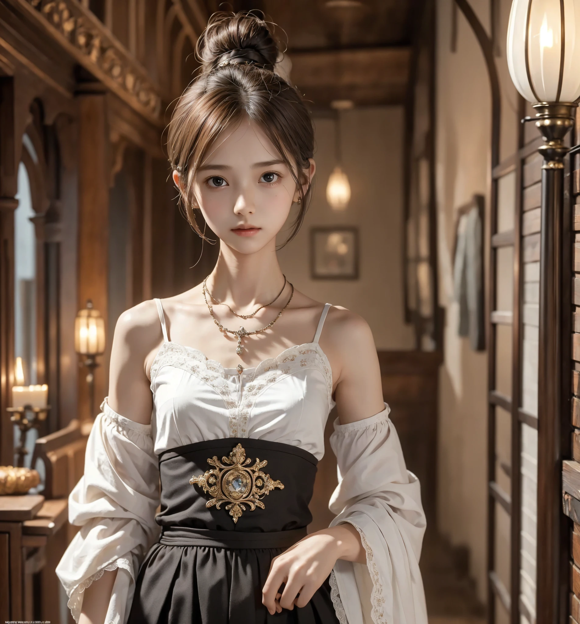  Unity 8K Wallpaper,  more details,  beautiful,  beautiful, masterpiece,  top quality, vibe, mystery, Romanticism, literature, art, fashion,  Victorian, Decoration, Complexity, Ironwork, race, meditation, Depth of emotion,  Supernatural, 1 girl, white skin,White Shoulders,Narrow shoulders,Thin arms, slender waist, bun hair 