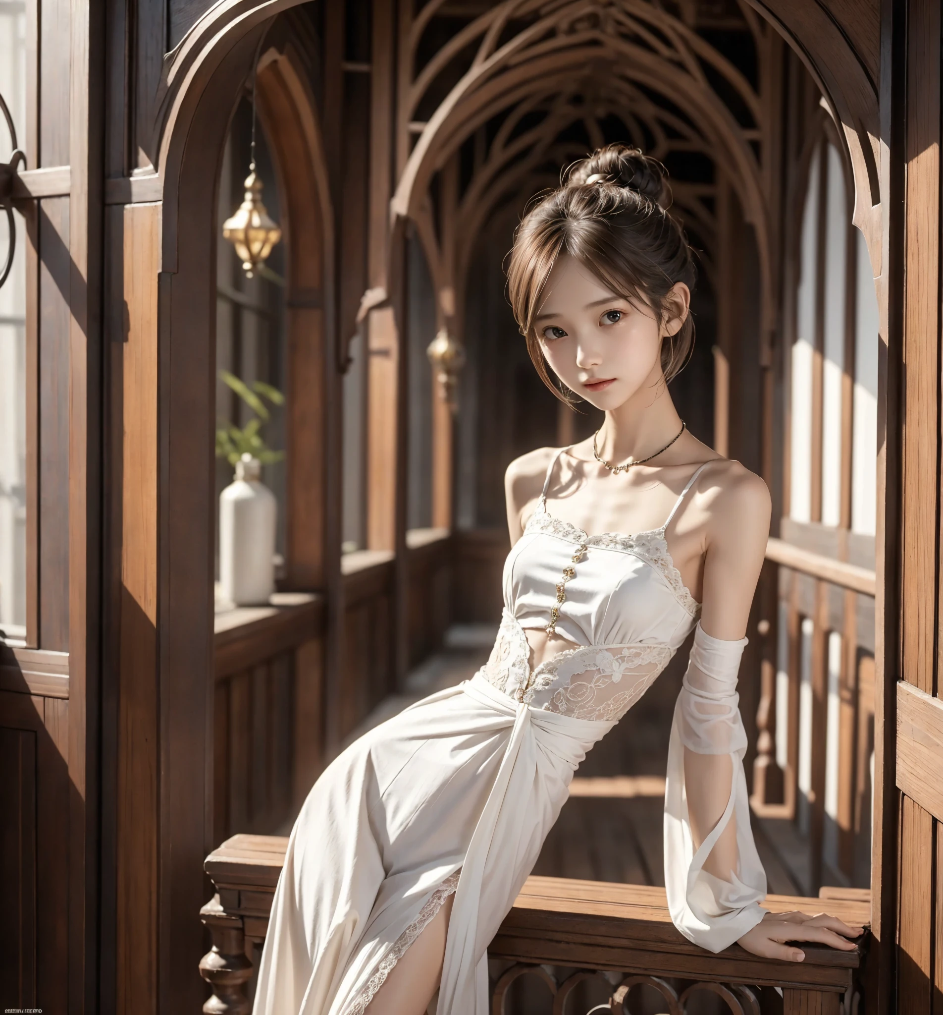  Unity 8K Wallpaper,  more details,  beautiful,  beautiful, masterpiece,  top quality, vibe, mystery, Romanticism, literature, art, fashion,  Victorian, Decoration, Complexity, Ironwork, race, meditation, Depth of emotion,  Supernatural, 1 girl, white skin,White Shoulders,Narrow shoulders,Thin arms, slender waist, bun hair 