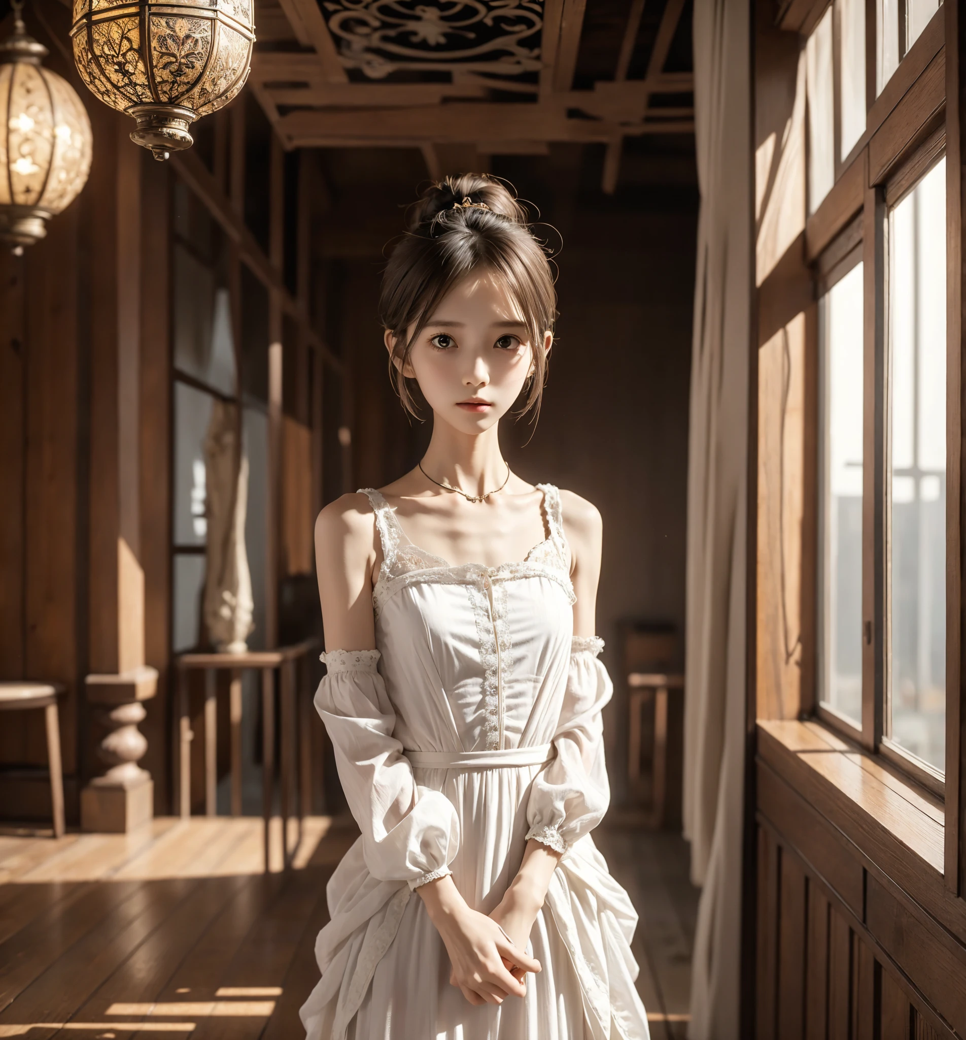  Unity 8K Wallpaper,  more details,  beautiful,  beautiful, masterpiece,  top quality, vibe, mystery, Romanticism, literature, art, fashion,  Victorian, Decoration, Complexity, Ironwork, race, meditation, Depth of emotion,  Supernatural, 1 girl, white skin,White Shoulders,Narrow shoulders,Thin arms, slender waist, bun hair 