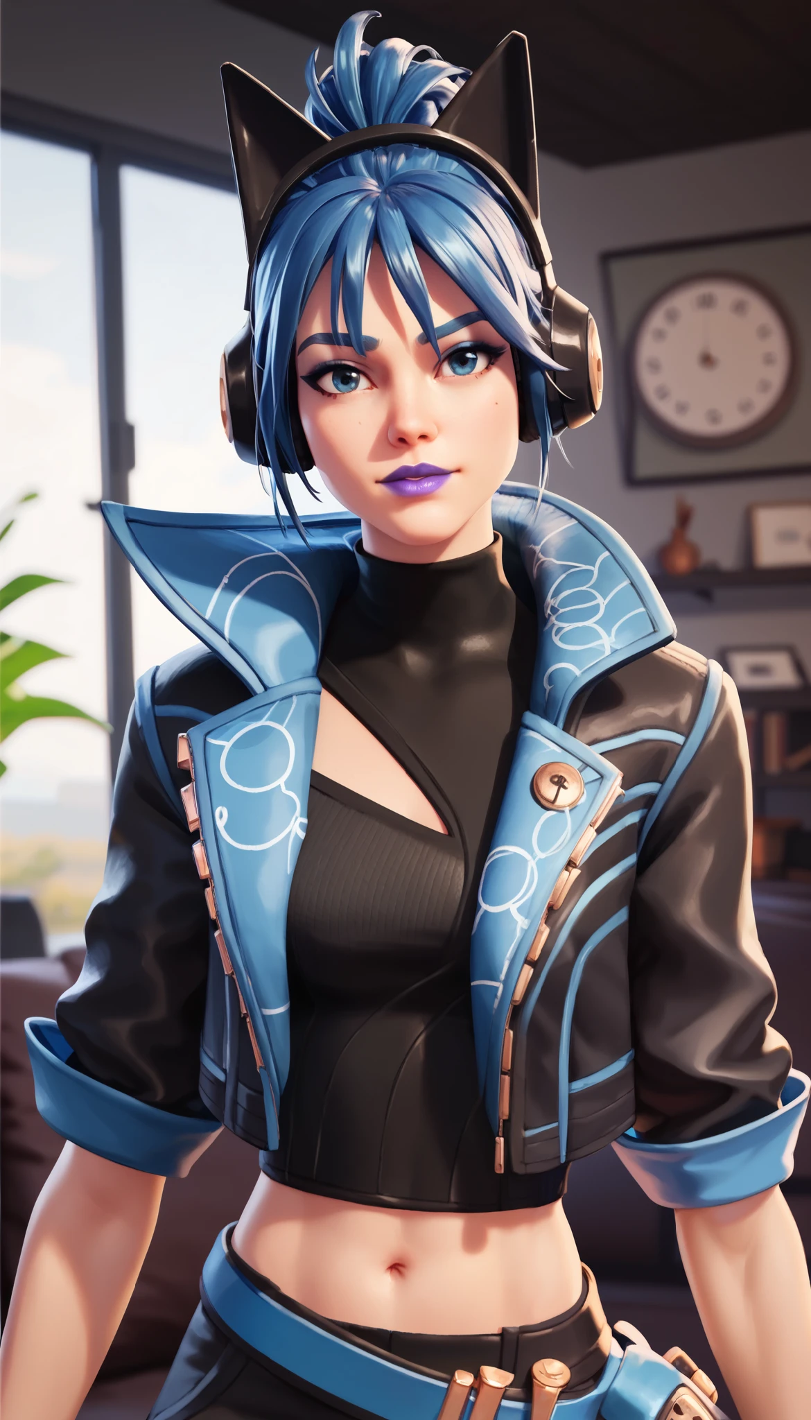 BREAK,  FNHeroHop, blue hair, cat ear headphones, short ponytail, blue eyeshadow, blue eyes, purple lips, open collared jacket, clothing cutout, short sleeves, black turtleneck, midriff, fingerless gloves, utility belt, normal face expression, looking at viewer, 1 girl, solo, living room background, 3D
