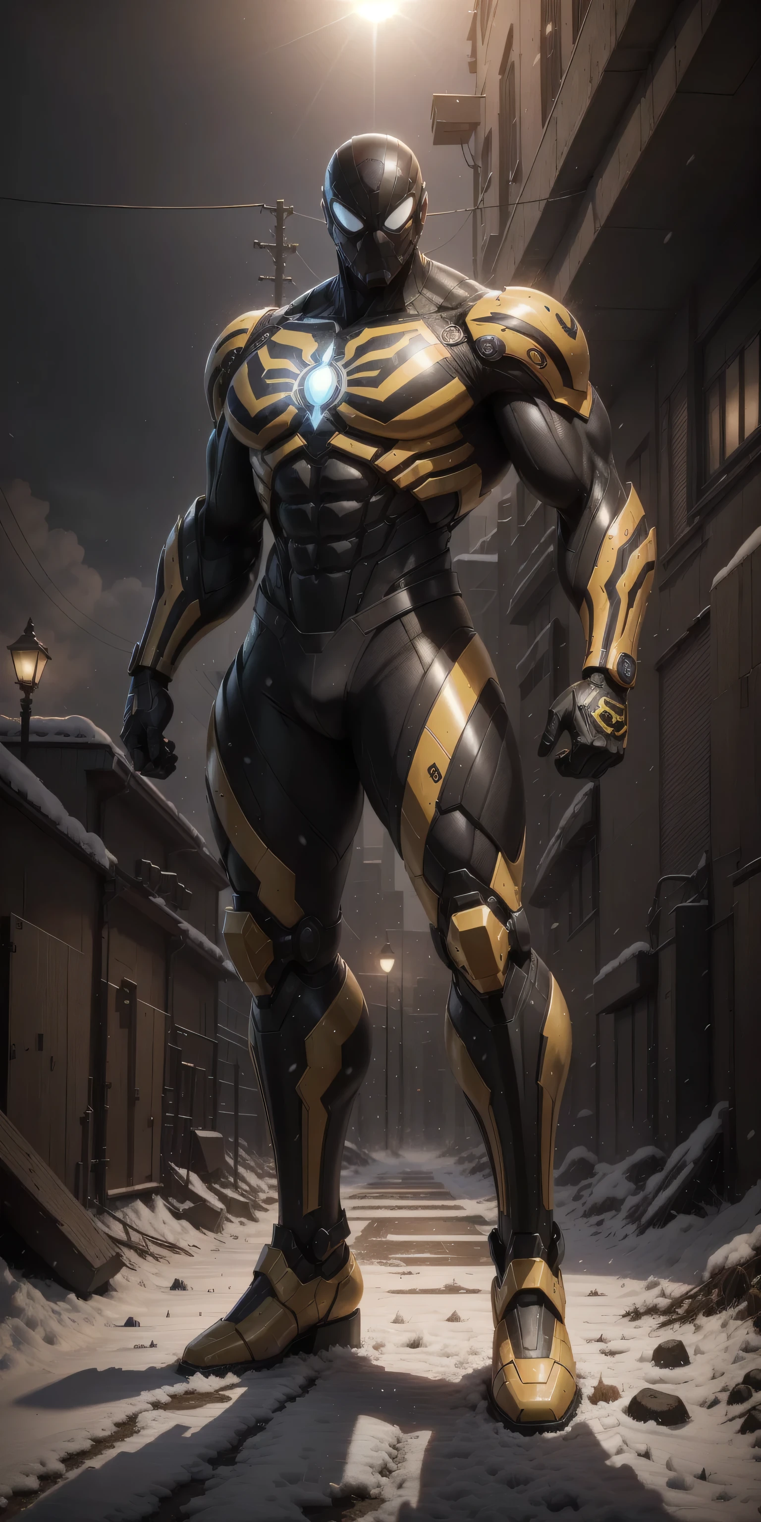 spider-man, a 2-meter-tall muscular man，Symmetrical lines ，Dark black and yellow line robotic police helmet ，Dark black and yellow LED bright lines camouflage nano mecha shines， line style mecha，Perfect mechanical mask ， character concept （Resident Evil - Chris Redfield，Chris Redfield）Senior Police Officer，Small plaid texture ，Regular symmetrical texture pattern， sad expression ，Deep and enchanting eyes ， male model catwalk pose in the snow， Emerald Eye Hero ，Heroic male pose ，tall and burly， Muscular ！  Attractive leg muscles  ，High Aims, Burly, Heqiang，  超级魅力和酷炫，  high resolution commission ，  ultra-thin nano mechanical boots with dark black and yellow lines for big feet，Charming strongman， The bright sun shines on you ，Matte particles， shiny texture 