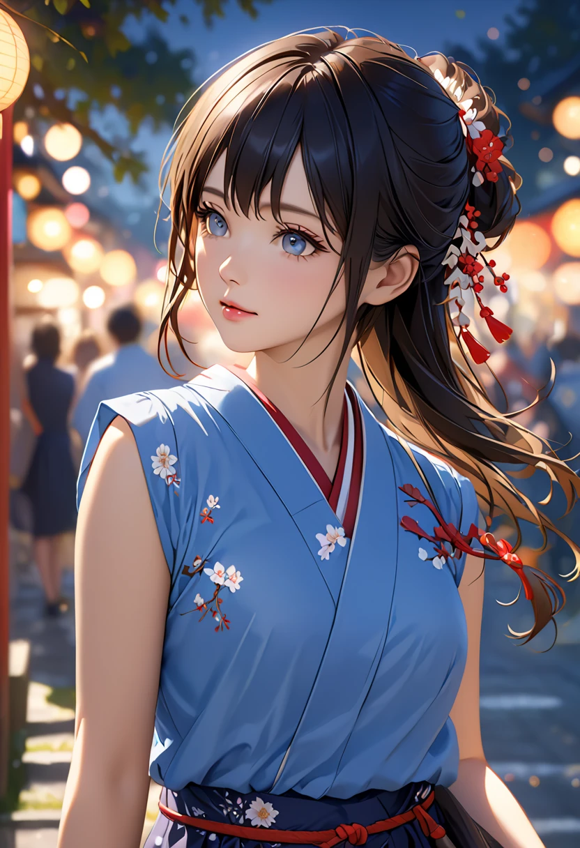 woman, Japanese , blue shirt,Sleeveless, Realistic Details ,  high definition,Bokeh, Outstanding Details 