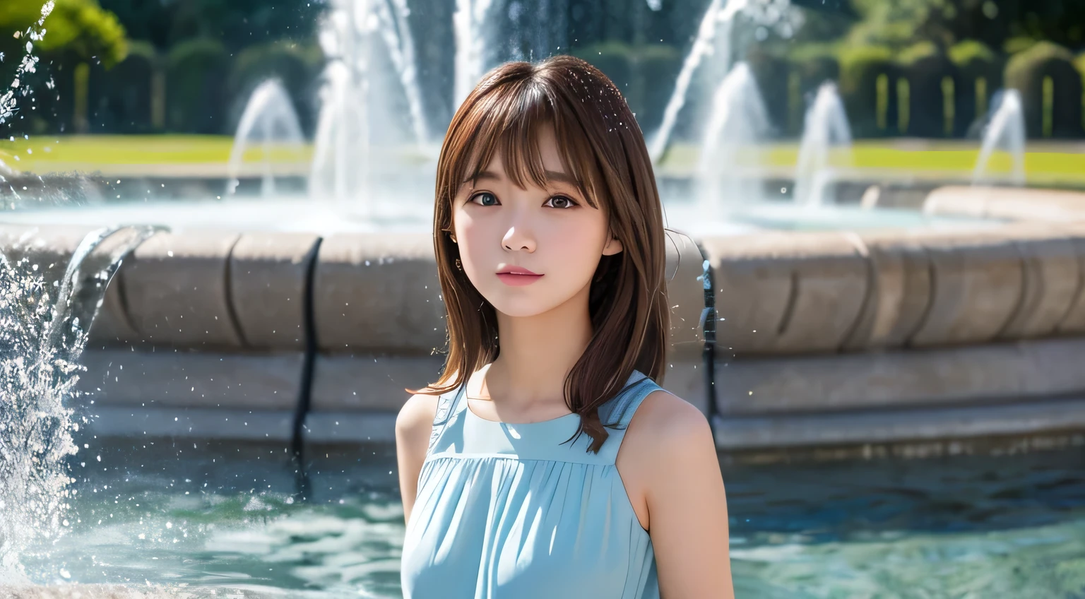 (highest quality, 32k, High resolution, Masterpiece:1.5,), A swirl of crystal clear air and soft light, A sense of serenity and elusive beauty, Black and blue glow, Beautiful Japanese Women, whole body, An exceptionally beautiful face, In the water, inside a transparent glass dome, In the water, Magical big eyes, Rich expression of emotions, ((A fleeting and gentle smile)), ((Beautiful brown hair shiny)), Long, intricately detailed straight hair, Beautiful asymmetrical bangs, Hair between the eyes, Bright makeup, Smooth and soft white skin, Beautifully trimmed, thin eyebrows, Prominent double eyelids, Attractive pink lips, ((White open-necked dress), High resolution perfect clavicle, Beautiful chest in high resolution, Slender figure with ample breasts, High resolutionの美しい太もも, ((Blue glowing bubble effect:1.3)), Dazzling morning sunlight, Professional Lighting, Professional photographer, Professional models
