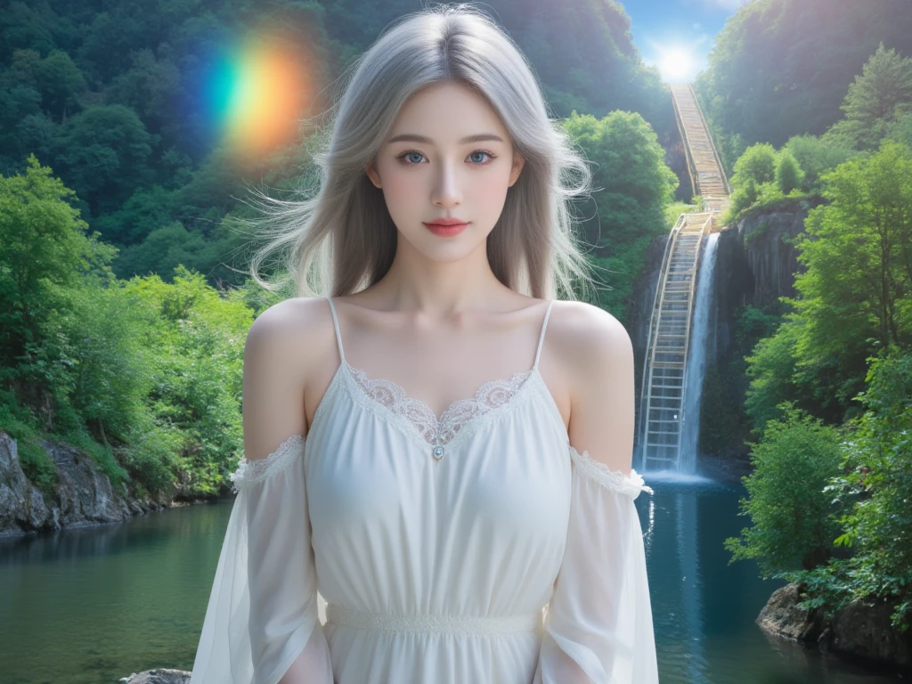 goddess,White Long Dress,silver hair,Blue eyes,smile,Colorful,forest,lake side,Angel's ladder,rainbow,Diamond Dust